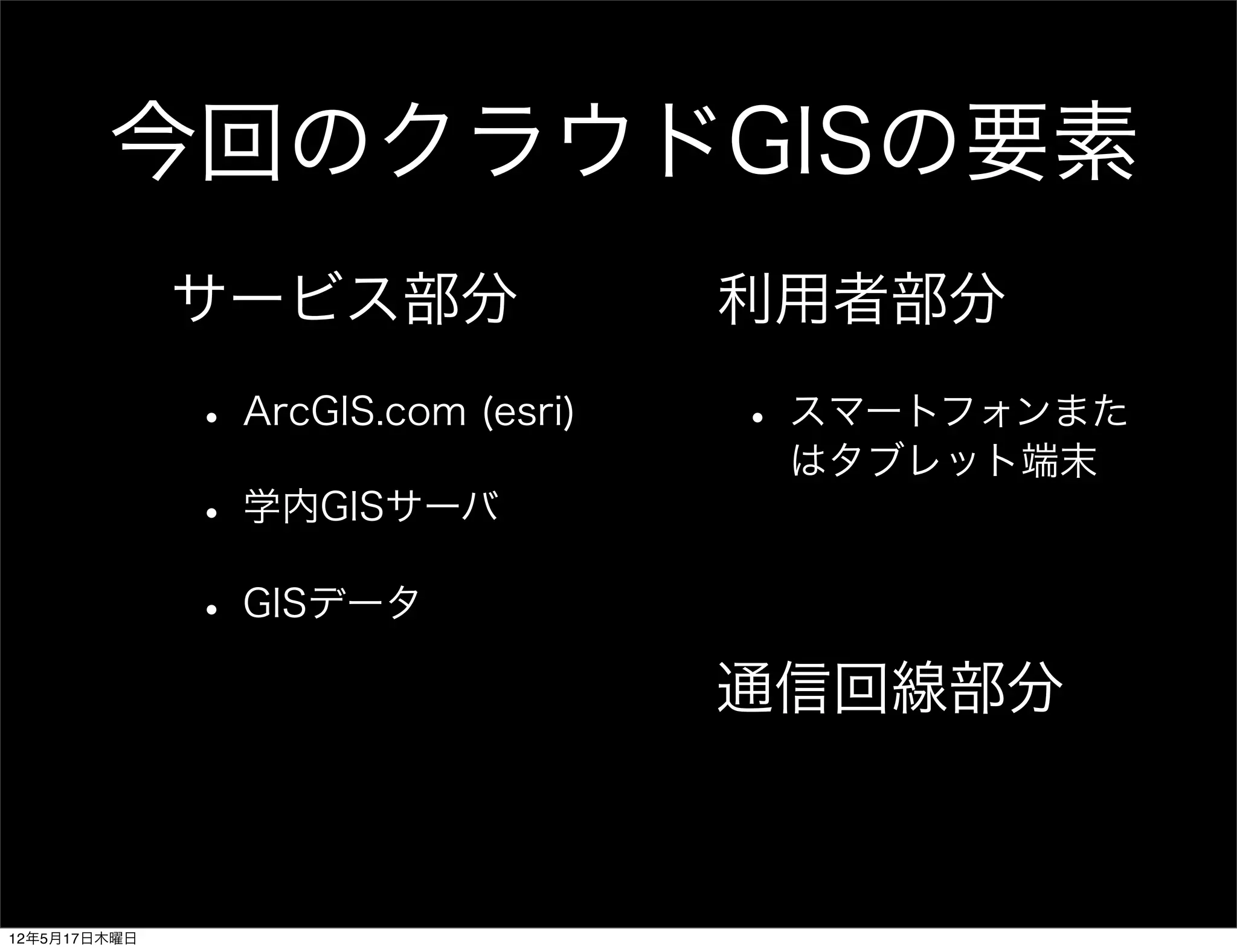 今回のクラウドGISの要素
              サービス部分                利用者部分
              • ArcGIS.com (esri)   • スマートフォンまた
                                     はタブレット端末
              • 学内GISサーバ
              • GISデータ
                                    通信回線部分



12年5月17日木曜日
 