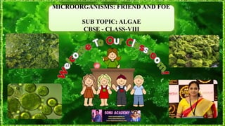 MICROORGANISMS: FRIEND AND FOE
SUB TOPIC: ALGAE
CBSE - CLASS-VIII
 
