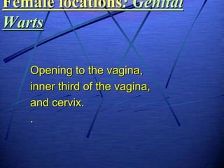 Female locations: Genital
Warts

   Opening to the vagina,
   inner third of the vagina,
   and cervix.
   .
 