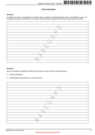 Caderno de Prova ’A01’, Tipo 001
39.   A respeito da representação proporcional, é correto              42.   O requerimento de registro de partido político deve ser
      afirmar:                                                               subscrito pelos seus fundadores, em número nunca infe-
                                                                             rior a
      (A)   Os lugares não preenchidos com a aplicação dos
            quocientes partidários serão livremente distribuídos             (A)   cento e um, com domicílio eleitoral em, no mínimo,
            pela Justiça Eleitoral.                                                um terço dos Estados.

      (B)   Se nenhum partido ou coligação alcançar o quo-                   (B)   duzentos e um, com domicílio eleitoral em, no míni-
            ciente eleitoral, serão convocadas novas eleições.                     mo, dois terços dos Estados.

      (C)   Determina-se para cada coligação o quociente parti-              (C)   trezentos e um, com domicílio eleitoral em, no míni-
            dário, dividindo-se pelos lugares a preencher o nú-                    mo, um quinto dos Estados.
            mero de votos válidos dados sob a mesma coligação
            de legendas, desprezada a fração.                                (D)   quatrocentos e um, com domicílio eleitoral em, no
                                                                                   mínimo, um sexto dos Estados.
      (D)   Determina-se para cada partido o quociente partidá-
                                                                             (E)   quinhentos e um, com domicílio eleitoral em, no mí-
            rio, dividindo-se pelos lugares a preencher o número
                                                                                   nimo, metade dos Estados.
            de votos válidos dados sob a mesma legenda, des-
                                                                     _________________________________________________________
            prezada a fração.
                                                                       43.   A respeito da fusão, incorporação e extinção dos partidos
      (E)   Determina-se o quociente eleitoral dividindo-se o                políticos, considere:
            número de votos válidos apurados pelo de lugares a
            preencher em cada circunscrição eleitoral, despreza-               I. O Tribunal Superior Eleitoral, após o trânsito em
            da a fração se igual ou inferior a meio, equivalente a                  julgado de decisão, determinará o cancelamento do
            um, se superior.                                                        registro civil e do estatuto do partido contra o qual
_________________________________________________________
                                                                                    fique provado estar recebendo recursos de proce-
40.   O pedido de registro de candidatura deverá ser instruído,                     dência estrangeira.
      dentre outros documentos, com certidão de quitação elei-                II. O partido político, em nível nacional, sofrerá sus-
      toral. No que concerne às multas aplicadas pela Justiça                       pensão das cotas do fundo partidário como conse-
      Eleitoral, serão                                                              quência de atos praticados por órgãos regionais ou
                                                                                    municipais.
      (A)   considerados quites os candidatos que tenham com-
            provado o pagamento do débito até o trânsito em                  III. A falta de prestação, na forma da lei, das devidas
            julgado da decisão que, por esse motivo, indeferir o                    contas à Justiça Eleitoral não se inclui dentre as
            registro.                                                               causas de cancelamento do registro e do estatuto
                                                                                    do partido.
      (B)   considerados quites os candidatos que, até a forma-
            lização do pedido de registro de candidatura, tenham             Está correto o que se afirma APENAS em
            comprovado o parcelamento da dívida regularmente
            cumprido.                                                        (A)   I.
                                                                             (B)   I e II.
      (C)   consideradas todas as multas impostas, inclusive                 (C)   I e III.
            aquelas cuja decisões estejam ainda pendentes de                 (D)   II e III.
            recurso.                                                         (E)   III.
                                                                     _________________________________________________________
      (D)   considerados devedores os que tendo pago as mul-
            tas que lhes couber individualmente não pagarem as                              Direito Administrativo
            multas impostas concomitantemente a outros candi-
            datos em razão do mesmo fato.                              44.   A respeito das entidades políticas e administrativas, consi-
                                                                             dere:
      (E)   considerados devedores os candidatos definitivamen-
            te condenados, que tenham efetuado o pagamento do                  I. Pessoas jurídicas de Direito Público que integram a
            débito, pelo período de até seis meses após a quita-                    estrutura constitucional do Estado e têm poderes
            ção.                                                                    políticos e administrativos.
_________________________________________________________                     II. Pessoas jurídicas de Direito Público, de natureza
41.   A respeito da substituição de candidatos, é INCORRETO                         meramente administrativa, criadas por lei específi-
      afirmar que                                                                   ca, para realização de atividades, obras ou serviços
                                                                                    descentralizados da entidade estatal que as criou.
      (A)   a escolha do substituto far-se-á na forma estabeleci-            III. Pessoas jurídicas de Direito Privado que, por lei,
            da no estatuto do partido a que pertencer o substituí-                  são autorizadas a prestar serviços ou realizar ativi-
            do.                                                                     dades de interesse coletivo ou público, mas não ex-
      (B)   nas eleições proporcionais, a substituição só se efe-                   clusivos do Estado.
            tivará se o novo pedido for apresentado até sessenta             Esses conceitos referem-se, respectivamente, a entidades
            dias antes do pleito.
                                                                             (A)   autárquicas, fundacionais e empresariais.
      (C)   é vedado ao partido ou coligação substituir candida-
            to que tiver o seu registro indeferido ou cancelado.             (B)   estatais, autárquicas e paraestatais ou de coopera-
                                                                                   ção.
      (D)   o registro deverá ser requerido até dez dias conta-
            dos do fato ou da notificação ao partido da decisão              (C)   estatais, paraestatais ou de cooperação e funda-
            judicial que deu origem à substituição.                                cionais.
                                                                             (D)   paraestatais ou de cooperação, autárquicas e esta-
      (E)   é facultado ao partido ou coligação substituir candi-
                                                                                   tais.
            dato que for considerado inelegível, renunciar ou
            falecer após o termo final do prazo do registro.                 (E)   estatais, empresariais e fundacionais.
8                                                                                                          TREAC-Anal.Jud.-Judiciária-A01
                                                   w ww.pciconcursos.com.br
 