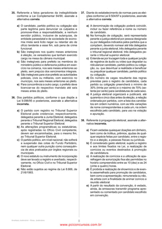 30                                                               33
O controle concentrado de constitucionalidade pode ser           A respeito da estrutura organizacional, analise as afirmativas a
exercido por meio de diversos instrumentos elencados na          seguir:
Constituição. Nesse sentido, é correto afirmar que               I. A estrutura organizacional determina relações formais de
(A)    são legitimados para a propositura de ação direta de      subordinação, entre as quais o número de níveis na hierarquia
       inconstitucionalidade, entre outros, o Presidente da      e amplitude de controle de gerentes e supervisores.
       República, o Procurador-Geral da República, o             II. A estrutura organizacional identifica o agrupamento de
       Presidente do Senado e o Conselho Federal da OAB.         indivíduos em departamentos e de departamentos na
(B)    a concessão de medida cautelar em sede de ação            organização como um todo.
       direta de inconstitucionalidade não torna aplicável a     III. A estrutura organizacional inclui o projeto de sistemas
       legislação anterior acaso existente, em virtude da        para assegurar comunicação eficaz, coordenação e integração
       impossibilidade de repristinação no ordenamento           de esforços entre os departamentos.
       jurídico brasileiro.                                      Assinale
(C)    o Advogado-Geral da União funciona como uma               (A)     se apenas as afirmativas I e II estiverem corretas.
       espécie      de      curador    da     presunção    de    (B)     se apenas as afirmativas II e III estiverem corretas.
       constitucionalidade dos atos emanados do Poder            (C)     se apenas as afirmativas I e III estiverem corretas.
       Público; entretanto, ele não está obrigado a defender     (D)     se nenhuma afirmativa estiver correta.
       tese jurídica se sobre ela o STF já fixou entendimento    (E)     se todas as afirmativas estiverem corretas.
       pela sua inconstitucionalidade.
(D)    a decisão do STF em sede de ADI e ADC somente             34
       admite agravo de instrumento e embargos de                A Constituição de 1988, em relação à nacionalidade,
       declaração interpostos pelos requerentes ou               determina que
       requeridos, sendo vedado o benefício ao amicus            (A)   são privativos de brasileiro nato os cargos de
       curiae.                                                         Presidente e Vice-Presidente da República, Presidente
(E)    a sentença de inconstitucionalidade tem natureza                da Câmara dos Deputados e Presidente do Senado
       declaratória e, em consequência disso, possui, sempre,          Federal, assim como os Ministros do STF e do STJ.
       eficácia ex tunc, ceifando o ato no momento de sua        (B)   perde a nacionalidade brasileira aquele que adquirir
       entrada no ordenamento jurídico e assim colhendo                outra nacionalidade, sem exceções.
       todos os efeitos por ele produzidos à pecha de            (C)   é considerada brasileiro nato a pessoa nascida na
       nulidade.                                                       República Federativa do Brasil, ainda que de pais
                                                                       estrangeiros a serviço de seu país.
31                                                               (D)   os estrangeiros aqui residentes há mais de 10 (dez)
A respeito da remuneração na Administração Pública, analise            anos ininterruptos, sem condenação penal, podem
as afirmativas a seguir:                                               requerer a cidadania brasileira, tornando-se brasileiros
I. Isonomia de vencimentos é a igualdade de vencimentos                naturalizados.
para cargos de atribuições iguais ou assemelhados de poderes     (E)   é brasileiro nato aquele nascido no estrangeiro de pai
diferentes.                                                            ou mãe brasileira, desde que qualquer deles esteja a
II. Paridade de vencimentos é a igualdade de vencimentos               serviço da República Federativa do Brasil.
para cargos de atribuições iguais ou assemelhados de um
mesmo poder.                                                     35
III. Vinculação é o atrelamento de uma majoração a outra.        A competência dos entes federativos para legislar está
Assinale                                                         disposta na Constituição de 1988.
(A)     se somente a afirmativa I estiver correta.               A esse respeito, analise os itens a seguir:
(B)     se somente a afirmativa II estiver correta.              I. seguridade social;
(C)     se somente a afirmativa III estiver correta.             II. custas dos serviços forenses;
(D)     se nenhuma afirmativa estiver correta.                   III. proteção e integração social das pessoas portadoras de
(E)     se todas as afirmativas estiverem corretas.              deficiência;
                                                                 IV. trânsito e transporte;
32                                                               V. registros públicos.
O retorno de servidor à atividade, quando invalidada sua         Para legislar, é correto afirmar que os itens
demissão, corresponde à                                          (A)     I, IV e V são de competência privativa da União.
(A)   reversão.                                                  (B)     I, II e IV são de competência concorrente da União, dos
(B)   readaptação.                                                       Estados e do Distrito Federal.
(C)   reintegração.                                              (C)     I, III e IV são de competência privativa da União.
(D)   recondução.                                                (D)     III, IV e V são de competência privativa da União.
(E)   recapacitação.                                             (E)     I, II e V são de competência concorrente da União, dos
                                                                         Estados e do Distrito Federal.




                                          ANALISTA JUDICIÁRIO – TIPO 1 – BRANCO
                                                           Página 11

                                              www.pciconcursos.com.br
 