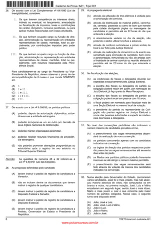 correta(s)?                                a)   “mensagem principal”.
                                                                  b)   ³QHVWH WUDEDOKR´
      a)   Apenas a I.                                            c)   ³9RWR QmR WHP SUHoR WHP FRQVHTrQFLDV´
      b)   Apenas a II.                                           d)   ³HVVD FRQVFLrQFLD´
      c)   Apenas a III.                                          e)   “dentro dos limites das nossas atividades”.
      d)   Apenas a I e a III.
      e)   , ,, ,,,                                            INSTRUÇÃO: AS QUESTÕES A SEGUIR REFE-
                                                                  REM-SE À REDAÇÃO DE CORRESPONDÊNCIA
7.    6H QR ž SHUtRGR GR ž SDUiJUDIR VXEVWLWXLUPRV            OFICIAL.
      ³~QLFR LQVWUXPHQWR´ SRU ³LQVWUXPHQWRV´ TXDQWDV
      RXWUDV PRGL¿FDo}HV VHUmR QHFHVViULDV QR SHUtRGR         13. 2 DWR DGPLQLVWUDWLYR DGLFLRQDO FXMR REMHWLYR p FRQ
      SDUD DMXVWHV GH FRQFRUGkQFLD                               ¿UPDU RX FRUULJLU GDGRV HPLWLGRV HP GRFXPHQWR
                                                                  anterior é
      a)   7UrV
      b)   Cinco.                                                 a)   a apostila.
      c)   6HLV                                                  b)   R UHODWyULR
      d)   6HWH                                                  c)   R RItFLR
      e)   Oito.                                                  d)   o memorando.
                                                                  e)   a ata.
8.    2 QH[R ³PDV WDPEpP´ ~OWLPR SHUtRGR ± ž SDUi
      JUDIR 