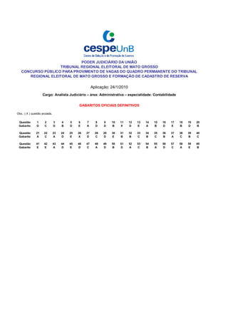 PODER JUDICIÁRIO DA UNIÃO
                   TRIBUNAL REGIONAL ELEITORAL DE MATO GROSSO
   CONCURSO PÚBLICO PARA PROVIMENTO DE VAGAS DO QUADRO PERMANENTE DO TRIBUNAL
      REGIONAL ELEITORAL DE MATO GROSSO E FORMAÇÃO DE CADASTRO DE RESERVA

                                                        Aplicação: 24/1/2010
                    Cargo: Analista Judiciário – área: Administrativa – especialidade: Contabilidade


                                              GABARITOS OFICIAIS DEFINITIVOS
                                                           0
Obs.: ( X ) questão anulada.
                                                                    0
 Questão       1      2        3    4    5    6    7      8    9        10   11   12   13   14   15   16   17   18   19   20
 Gabarito      D      C        D    B    D    E    A      D    D        B    X    D    E    A    B    D    E    B    D    B

 Questão       21    22        23   24   25   26   27     28   29       30   31   32   33   34   35   36   37   38   39   40
 Gabarito      A     C         A    D    E    X    D      C    D        E    B    B    C    B    C    B    A    C    B    C

 Questão       41    42        43   44   45   46   47     48   49       50   51   52   53   54   55   56   57   58   59   60
 Gabarito      E     E         A    D    E    D    C      A    D        B    D    A    C    B    A    D    C    A    E    B


               0      0        0    0    0    0    0      0    0        0    0    0    0    0    0    0    0    0    0    0


               0      0        0    0    0    0    0      0    0        0    0    0    0    0    0    0    0    0    0    0


               0      0        0    0    0    0    0      0    0        0    0    0    0    0    0    0    0    0    0    0


               0      0        0    0    0    0    0      0    0        0    0    0    0    0    0    0    0    0    0    0


               0      0        0    0    0    0    0      0    0        0    0    0    0    0    0    0    0    0    0    0


               0      0        0    0    0    0    0      0    0        0    0    0    0    0    0    0    0    0    0    0


               0      0        0    0    0    0    0      0    0        0    0    0    0    0    0    0    0    0    0    0


               0      0        0    0    0    0    0      0    0        0    0    0    0    0    0    0    0    0    0    0


               0      0        0    0    0    0    0      0    0        0    0    0    0    0    0    0    0    0    0    0


               0      0        0    0    0    0    0      0    0        0    0    0    0    0    0    0    0    0    0    0
 