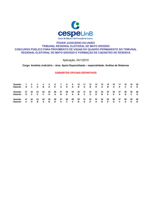 PODER JUDICIÁRIO DA UNIÃO
                 TRIBUNAL REGIONAL ELEITORAL DE MATO GROSSO
 CONCURSO PÚBLICO PARA PROVIMENTO DE VAGAS DO QUADRO PERMANENTE DO TRIBUNAL
    REGIONAL ELEITORAL DE MATO GROSSO E FORMAÇÃO DE CADASTRO DE RESERVA

                                                Aplicação: 24/1/2010
           Cargo: Analista Judiciário – área: Apoio Especializado – especialidade: Análise de Sistemas


                                      GABARITOS OFICIAIS DEFINITIVOS
                                                   0

                                                            0
Questão      1    2    3    4    5    6    7      8    9        10   11   12   13   14   15   16   17   18   19   20
Gabarito     D    C    D    B    D    E    A      D    D        B    D    B    D    A    B    A    E    C    E    D

Questão      21   22   23   24   25   26   27     28   29       30   31   32   33   34   35   36   37   38   39   40
Gabarito     D    C    E    C    D    A    B      E    A        B    C    A    D    B    E    E    A    B    C    D

Questão      41   42   43   44   45   46   47     48   49       50   51   52   53   54   55   56   57   58   59   60
Gabarito     C    D    B    A    B    D    A      C    C        B    D    E    A    B    E    D    C    A    E    B


             0    0    0    0    0    0    0      0    0        0    0    0    0    0    0    0    0    0    0    0


             0    0    0    0    0    0    0      0    0        0    0    0    0    0    0    0    0    0    0    0


             0    0    0    0    0    0    0      0    0        0    0    0    0    0    0    0    0    0    0    0


             0    0    0    0    0    0    0      0    0        0    0    0    0    0    0    0    0    0    0    0


             0    0    0    0    0    0    0      0    0        0    0    0    0    0    0    0    0    0    0    0


             0    0    0    0    0    0    0      0    0        0    0    0    0    0    0    0    0    0    0    0


             0    0    0    0    0    0    0      0    0        0    0    0    0    0    0    0    0    0    0    0


             0    0    0    0    0    0    0      0    0        0    0    0    0    0    0    0    0    0    0    0


             0    0    0    0    0    0    0      0    0        0    0    0    0    0    0    0    0    0    0    0


             0    0    0    0    0    0    0      0    0        0    0    0    0    0    0    0    0    0    0    0
 