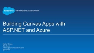 Building Canvas Apps with
ASP.NET and Azure
Nathen Drees
Developer
ndrees@sonomapartners.com
@nadrees
 