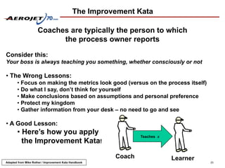 The Improvement Kata

                     Coaches are typically the person to which
                           the process owner reports

Consider this:
Your boss is always teaching you something, whether consciously or not

• The Wrong Lessons:
       • Focus on making the metrics look good (versus on the process itself)
       • Do what I say, don’t think for yourself
       • Make conclusions based on assumptions and personal preference
       • Protect my kingdom
       • Gather information from your desk – no need to go and see

• A Good Lesson:
       • Here’s how you apply                                  Teaches x
         the Improvement Kata!

                                                       Coach               Learner
Adapted from Mike Rother / Improvement Kata Handbook                                 23
 