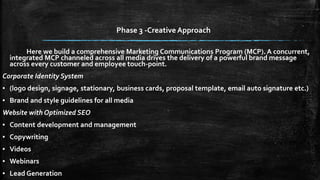 Phase 3 -Creative Approach 
Here we build a comprehensive Marketing Communications Program (MCP). A concurrent, 
integrated MCP channeled across all media drives the delivery of a powerful brand message 
across every customer and employee touch-point. 
Corporate Identity System 
▪ (logo design, signage, stationary, business cards, proposal template, email auto signature etc.) 
▪ Brand and style guidelines for all media 
Website with Optimized SEO 
▪ Content development and management 
▪ Copywriting 
▪ Videos 
▪ Webinars 
▪ Lead Generation 
 