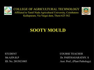 COLLEGE OF AGRICULTURAL TECHNOLOGY
Affiliated to Tamil Nadu Agricultural University, Coimbatore
Kullapuram, Via Vaigai dam, Theni-625 562
SOOTY MOULD
STUDENT COURSE TEACHER
Mr.AJIN.R.P Dr. PARTHASARATHY. S
ID. No. 2015021005 Asst. Prof., (Plant Pathology)
 