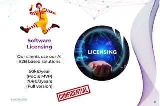 8
Our clients use our AI


B2B based solutions


50k€/year


(PoC & MVP)


70k€/3years


(Full version)
Software


Licensing
 