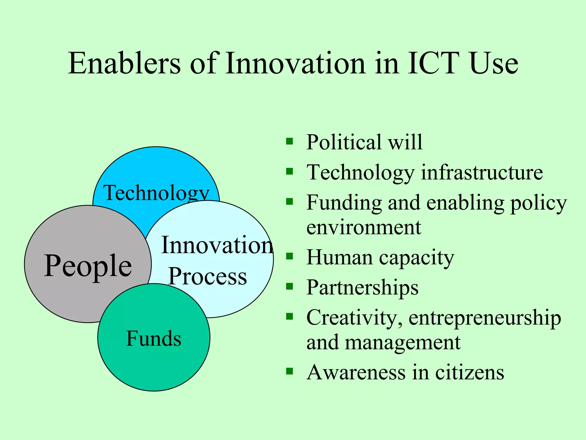 Technology that makes rural access inexpensive and robustNGOs and grass root organizations that catalyze and mange the community building processApplications that draw a large clientele that pays for the service, ensuring economic viability of the kioskBridging the Digital DivideContent that empowers rural citizens and enables formation of communities