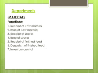Departments
MATERIALS
Functions:
1. Receipt of Raw material
2. Issue of Raw material
3. Receipt of spares
4. Issue of spares
5. Receipt of finished feed
6. Despatch of finished feed
7. Inventory control
 