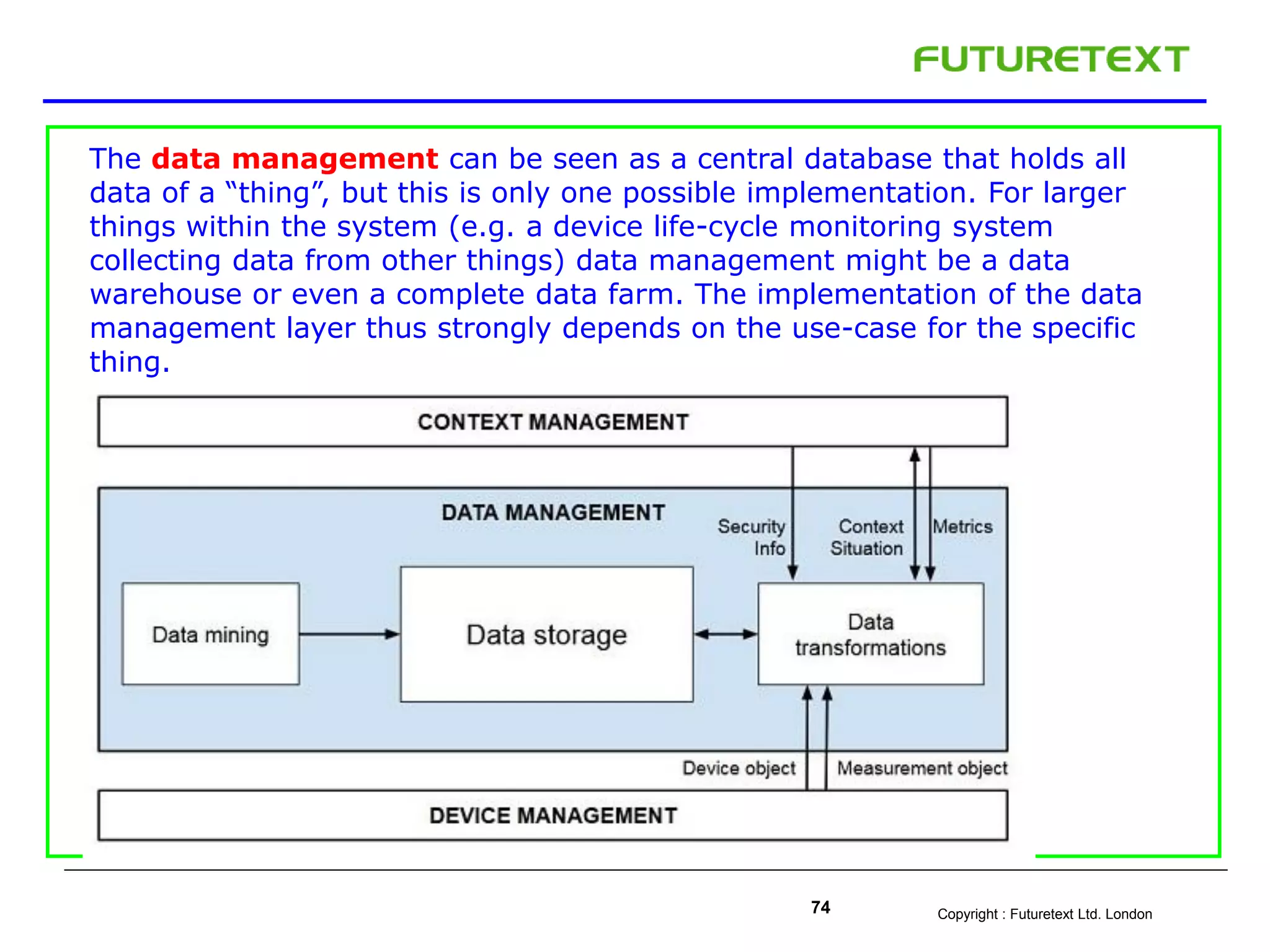 Copyright : Futuretext Ltd. London74
The data management can be seen as a central database that holds all
data of a “thing”, but this is only one possible implementation. For larger
things within the system (e.g. a device life-cycle monitoring system
collecting data from other things) data management might be a data
warehouse or even a complete data farm. The implementation of the data
management layer thus strongly depends on the use-case for the specific
thing.
 