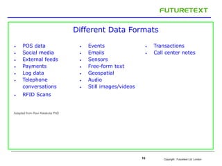 Copyright : Futuretext Ltd. London16
Different Data Formats
 POS data
 Social media
 External feeds
 Payments
 Log da...