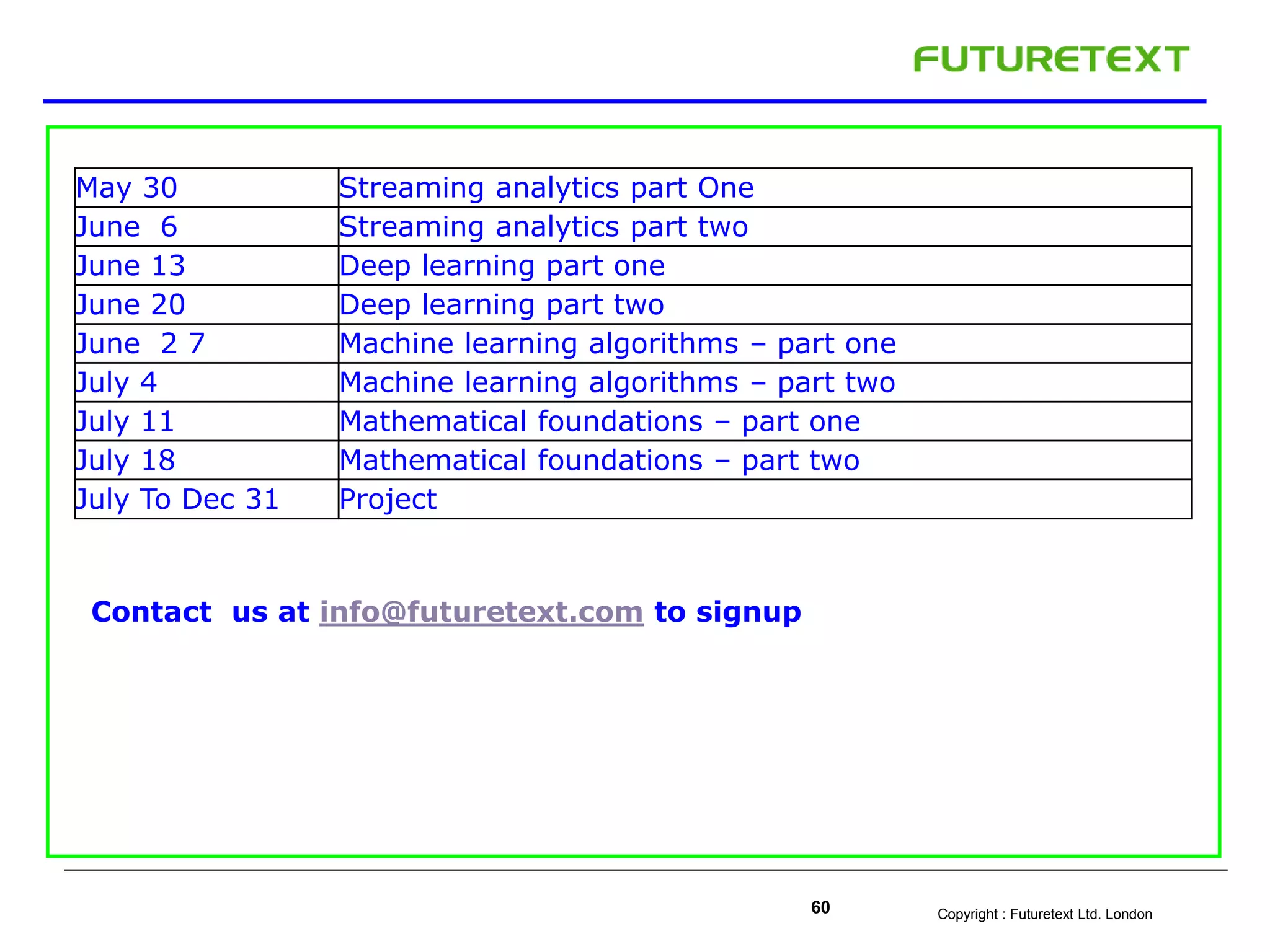 Copyright : Futuretext Ltd. London60
May 30 Streaming analytics part One
June 6 Streaming analytics part two
June 13 Deep learning part one
June 20 Deep learning part two
June 2 7 Machine learning algorithms – part one
July 4 Machine learning algorithms – part two
July 11 Mathematical foundations – part one
July 18 Mathematical foundations – part two
July To Dec 31 Project
Contact us at info@futuretext.com to signup
 