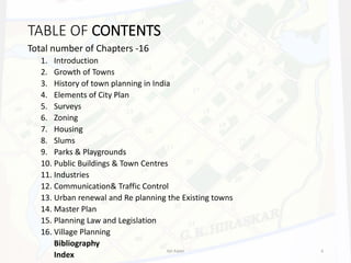TABLE OF CONTENTS
Total number of Chapters -16
1. Introduction
2. Growth of Towns
3. History of town planning in India
4. Elements of City Plan
5. Surveys
6. Zoning
7. Housing
8. Slums
9. Parks & Playgrounds
10. Public Buildings & Town Centres
11. Industries
12. Communication& Traffic Control
13. Urban renewal and Re planning the Existing towns
14. Master Plan
15. Planning Law and Legislation
16. Village Planning
Bibliography
Index
Ajit Katari 6
 