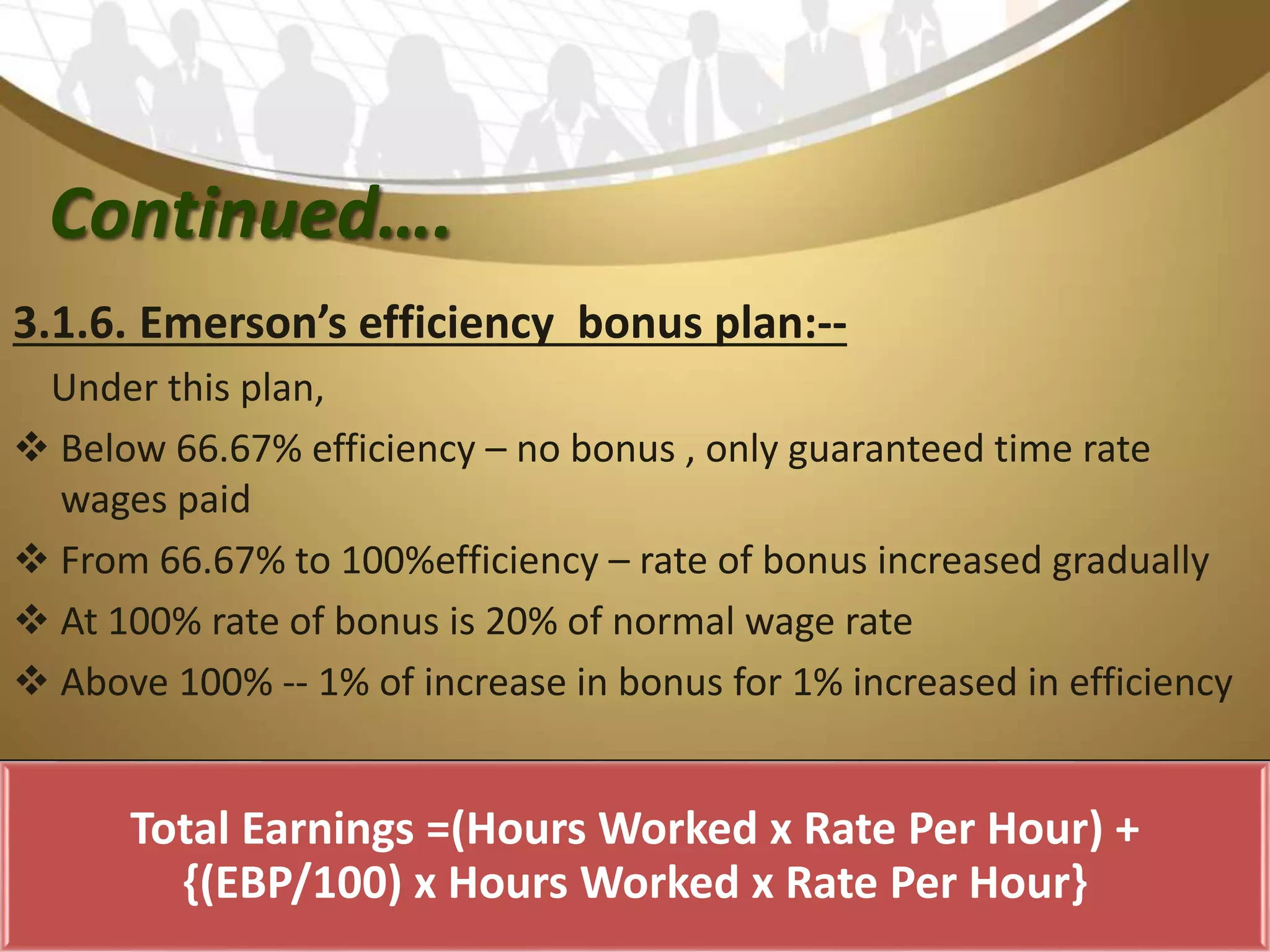 Continued….
3.1.6. Emerson’s efficiency bonus plan:--
Under this plan,
 Below 66.67% efficiency – no bonus , only guaranteed time rate
wages paid
 From 66.67% to 100%efficiency – rate of bonus increased gradually
 At 100% rate of bonus is 20% of normal wage rate
 Above 100% -- 1% of increase in bonus for 1% increased in efficiency
Total Earnings =(Hours Worked x Rate Per Hour) +
{(EBP/100) x Hours Worked x Rate Per Hour}
 