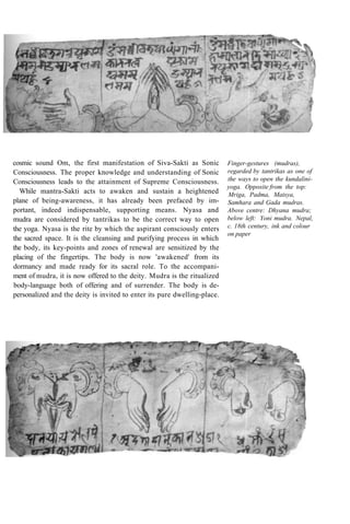 cosmic sound Om, the first manifestation of Siva-Sakti as Sonic
Consciousness. The proper knowledge and understanding of Sonic
Consciousness leads to the attainment of Supreme Consciousness.
While mantra-Sakti acts to awaken and sustain a heightened
plane of being-awareness, it has already been prefaced by im-
portant, indeed indispensable, supporting means. Nyasa and
mudra are considered by tantrikas to be the correct way to open
the yoga. Nyasa is the rite by which the aspirant consciously enters
the sacred space. It is the cleansing and purifying process in which
the body, its key-points and zones of renewal are sensitized by the
placing of the fingertips. The body is now 'awakened' from its
dormancy and made ready for its sacral role. To the accompani-
ment of mudra, it is now offered to the deity. Mudra is the ritualized
body-language both of offering and of surrender. The body is de-
personalized and the deity is invited to enter its pure dwelling-place.
Finger-gestures (mudras),
regarded by tantrikas as one of
the ways to open the kundalini-
yoga. Opposite from the top:
Mriga, Padma, Matsya,
Samhara and Gada mudras.
Above centre: Dhyana mudra;
below left: Yoni mudra. Nepal,
c. 18th century, ink and colour
on paper
 