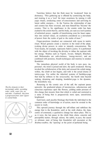 The five elements in their
increasingly subtle, ascending
order: earth, water, fire, air
and ether. Combined, they form
a progression from outer square
to central bindu
Tantrikas believe that the flesh must be 'awakened' from its
dormancy. 'This gathering up is effected by cosmicizing the body,
and treating it as a 'tool' for inner awareness by taming it with
yogic rituals, awakening zones of consciousness and activizing its
latent subtle energies.... In the Tantras the relationship of man
and cosmos has been reversed, and man himself has 'become' the
cosmos. That is, his significance in the cosmic order has been
exalted to the extent that he, and his body, are seen as a tool (yantra)
of unlimited power, capable of transforming even his baser capac-
ities into eternal values, an exaltation considered as a movement
of power from the realm of god to the realm of man.'5
Finger-positions (mudras) are connected with nyasa in tantric
ritual. Ritual gestures create a reaction in the mind of the adept,
evoking divine powers in order to intensify concentration. The
Yoni-mudra, for example, represents Sakti's yantra. It is performed
with the object of invoking the divinity to infuse the aspirant with
her energy. Mudras such as Vajroli, Asvani, Sahajoli, Khechari,
and Mahamudra are sakti-chalanas, 'energy-movers', and are
combined with postures, breath-techniques and mantras to awaken
Kundalini.
The immediate physical world of the body is now pure, im-
personal ; the mind is poised and alert, the spirit awakened. Having
invoked the collaboration of the deity and aroused the coiled energy
within, the climb at last begins, and with it the actual drama of
tantra-yoga. For unlike the inherited systems of Sariikhya-yoga
that lead by stillness to the turiyavastha, the fourth state beyond
waking, dreaming and sleeping, kundalini-yoga is the dynamic,
the kinesthetic way.
Returning to the cosmic axis of the self, the aspirant passes
upwards: the graduated planes of unconscious, subconscious and
conscious experience open like flowers, yielding under pressure of
this charge that mounts from that which is veiled and restricted to
a sense of being that is progressively more open, unrestricted,
heightened.
Each knot, each psychic blockage that binds the individual to the
common order of knowledge or of action, must be severed in the
ascent to truth.
This upward journey through the self refines and subtilizes the
energy that is the Kundalini, until at the sixth chakra, the Ajna,
centre of command, a qualitative change has taken place. This is,
as it were, the last pause in the climb from sthula, concrete and
perceptible matter, through suksma, the subtle, to para, the causal
or ultimate state of being that Kundalini will encounter at the
Brahma-randhra, the 'opening' at the point of perfected being.
32
 