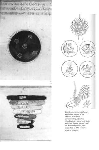 Four from a series of abstract
meditative images of the
chakras, with their
corresponding figurative
visualizations - as serpent, male
deity and female 'energy', and
as thousand-petalled lotus.
Rajasthan, c. 18th century,
gouache on paper
 