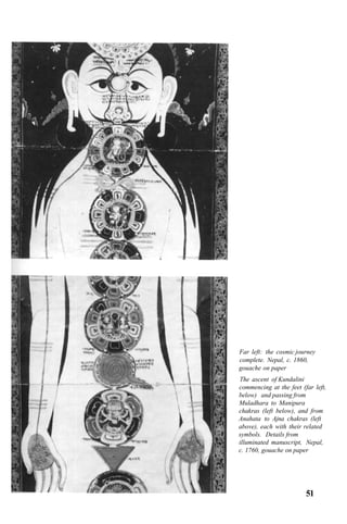 Far left: the cosmic journey
complete. Nepal, c. 1860,
gouache on paper
The ascent of Kundalini
commencing at the feet (far left,
below) and passing from
Muladhara to Manipura
chakras (left below), and from
Anahata to Ajna chakras (left
above), each with their related
symbols. Details from
illuminated manuscript, Nepal,
c. 1760, gouache on paper
51
 