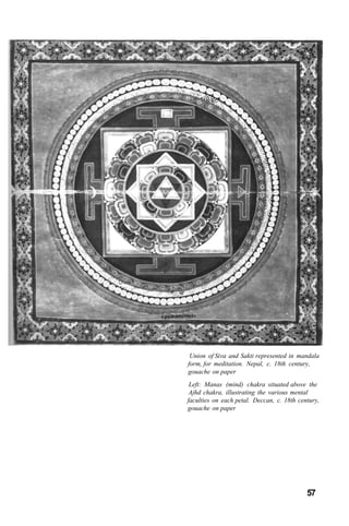 Union of Siva and Sakti represented in mandala
form, for meditation. Nepal, c. 18th century,
gouache on paper
Left: Manas (mind) chakra situated above the
Ajhd chakra, illustrating the various mental
faculties on each petal. Deccan, c. 18th century,
gouache on paper
57
 