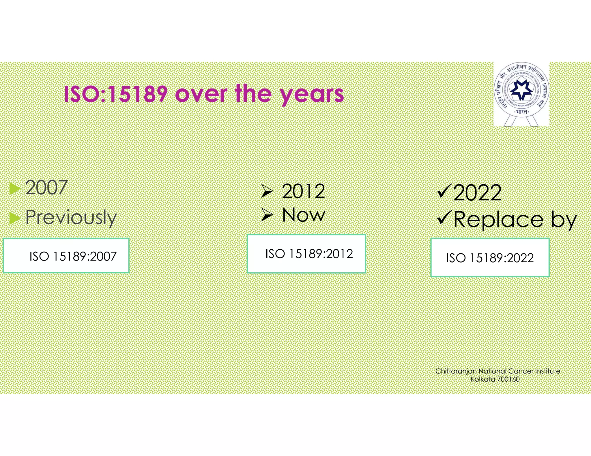 ISO:15189 over the years
 2007
 Previously
ISO 15189:2007
 2012
 Now
ISO 15189:2012
2022
Replace by
ISO 15189:2022
Chittaranjan National Cancer Institute
Kolkata 700160
 