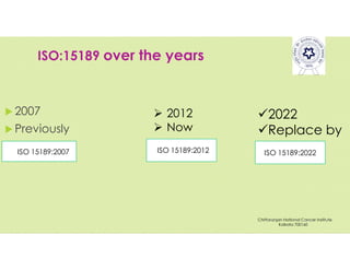 ISO:15189 over the years
 2007
 Previously
ISO 15189:2007
 2012
 Now
ISO 15189:2012
2022
Replace by
ISO 15189:2022
Chittaranjan National Cancer Institute
Kolkata 700160
 