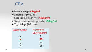 CEA
 Normal range: <5ng/ml
 Smokers: <10ng/ml
 Suspect malignancy at >20ng/ml
 Suspect metastatic spread at >50ng/ml
 T1/2: 3 days (1-5 days)
Dukes’ Grade
A
B
C
D
% patients
CEA >5ng/ml
4
26
44
65
 