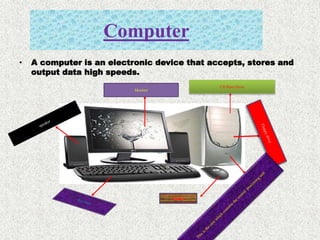 Computer
• A computer is an electronic device that accepts, stores and
output data high speeds.
Monitor
CD Rom Drive
 