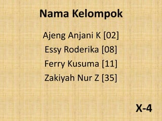 Nama Kelompok
Ajeng Anjani K [02]
Essy Roderika [08]
Ferry Kusuma [11]
Zakiyah Nur Z [35]
X-4
 