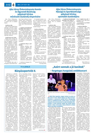 ASZ 4 2022. JÚNIUS 10.
TV AJÁNLÓ
Ajka Város Önkormányzata Humán
és Ügyrendi Bizottság
pályázati kiírása
művészeti ösztöndíj elnyerésére
Ajka Város Önkormány-
zata Képviselő-testületének
a 11/2014. (III. 8.) rendelete
alapján
A pályázat célja:
Ajka városhoz kötődő fiatal,
tehetséges művészek ösztön-
díj támogatása annak érdeké-
ben, hogy választott művészi
hivatásukra gondtalanabbul
készülhessenek, illetve a pá-
lyakezdés nehéz időszakában
segítséget kapjanak.
A pályázaton részt vehet:
Minden Ajka városban élő,
35. életévét be nem töltött fi-
atal, aki legalább 5 éve ajkai
állandó lakhellyel rendelke-
zik, vagy általános- és közép-
iskolai tanulmányait Ajkán
végezte, illetve diplomát szer-
zett valamely felsőfokú mű-
vész-oktatási intézményben,
vagy annak legalább harmad-
éves hallgatója.
Pályázatot elnyert fiatal
igény szerint köteles a támo-
gatás folyósításának időtarta-
ma alatt közreműködni városi
rendezvényeken (pl. kiállítá-
sok, Ajkai Napok rendezvény-
sorozat, Ajkai Nyári Fesztivál,
ünnepségek).
Az ösztöndíj ideje alatt a
támogatást elnyertektől elvár-
ható, hogy nyilvános szerep-
lésükön, illetve katalógusok-
ban, kiállításokon tüntessék
fel az ösztöndíjat adományozó
(Ajka város Önkormányzata)
nevét.
A pályázat benyújtásának
határideje: 2022. június 15.
A pályázat benyújtható, il-
letve a benyújtásához szük-
séges pályázati űrlap igényel-
hető az Ajkai Közös Önkor-
mányzati Hivatal Önkor-
mányzati Irodáján (Bartalos
Szilárd szervezési ügyintéző,
III. emelet 307-es iroda), illet-
ve letölthető a www.ajka.hu
honlapról.
A pályázati űrlap és mel-
lékletek:
– 
diploma másolata, vagy
igazolás a legalább har-
madéves hallgatói jogvi-
szonyról, vagy
– 
munkaviszony igazolása,
– 
szakmai ajánlás (indok-
lással) az adott művészeti
ág legalább egy prominens
képviselőjétől,
– eredmények, elismerések
(oklevelek, díjak, címek)
feltüntetése a pályázathoz.
A pályázati támogatás for-
mája és mértéke:
Az ösztöndíj minden év jú-
lius 1-től, következő év június
30-ig, 1 naptári évre szól. A
támogatás évente 3 fő részére
állapítható meg.
Az ösztöndíj összege bruttó
30.000 Ft/hónap.
A pályázat elbírálása:
A pályázatot Ajka város Ön-
kormányzata Humán és Ügy-
rendi Bizottsága bírálja el.
Ha a pályázók száma meg-
haladja az éves támogatható
létszámot (3 fő), a bizottság
a pályázatok elbírálásánál
előnyben részesíti:
• 
aki diplomát szerzett va-
lamely államilag elismert
főiskolai vagy egyetemi
szintű művészetoktatási
intézményben, vagy an-
nak legalább harmadéves
hallgatója
• 
a jelenleg is Ajkán élő pá-
lyázókat,
• 
a képző- és iparművésze-
ket, előadóművészeket,
A pályázat eredményét
2022. július 15-ig az Ajkai
Szóban, illetve Ajka város
honlapján teszi közzé a bizott-
ság.
Ráczné Németh Csilla s.k.
bizottság elnöke
Ajka Város Önkormányzata
Ifjúsági és Sportbizottsága
pályázati kiírása
sportolók ösztöndíjára
Ajka Város Önkormány-
zata Képviselő-testületének
10/2014. (III. 8.) rendelete
alapján
A pályázat célja:
Ajka városhoz kötődő fiatal,
sikeres sportolók ösztöndíj
támogatása annak érdekében,
hogy nemzetközi versenye-
ken, Európa- és világbajnok-
ságokon, olimpiákon részt-
vevő, valamint a Nemzeti
Bajnokság I., II. vonalában
sportolók a felkészülésükhöz
anyagi segítséget kapjanak.
A pályázaton részt vehet:
Minden ajkai sportegyesü-
letben, vagy ajkai sportegye-
sületből induló és legalább
5 éve ajkai állandó lakhel�-
lyel rendelkező, vagy tanul-
mányait Ajkán végző egyéni
sportolóra.
Az ösztöndíj elnyerésének
feltétele a 35 év alatti életkor,
illetve és a sportoló eredmé-
nyei alapján várható sikeres
nemzetközi szereplése.
Az ösztöndíj ideje alatt a tá-
mogatást elnyertektől elvárás,
hogy nyilvános szereplésü-
kön, tüntessék fel az ösztöndí-
jat adományozó nevét.
A pályázat benyújtásának
határideje: 2022. június 15.
A pályázat benyújtható, il-
letve a benyújtásához szük-
séges pályázati űrlap igényel-
hető az Ajkai Közös Önkor-
mányzati Hivatal Önkor-
mányzati Irodáján (Bartalos
Szilárd szervezési ügyintéző,
III. emelet 307-es iroda), illet-
ve letölthető a www.ajka.hu
(Városháza/Pályázatok/Ösz-
töndíj pályázatok) honlapról.
A pályázati űrlap és mel-
lékletek:
– 
magyar nemzeti váloga-
tottban való részvételről,
vagy a magyar nemzeti
olimpiai kerettagságról
igazolás,
– 
szakmai ajánlás (indok-
lással) az adott sportág
legalább egy prominens
képviselőjétől,
– sporteredmények igazolá-
sa,
– sportegyesületi tagságról
igazolás,
– hallgatói/tanulói jogvi-
szonyról igazolás, vagy
– 
munkaviszony igazolása.
A pályázati támogatás for-
mája és mértéke:
Az ösztöndíj minden év jú-
lius 1-től, következő év június
30-ig, 1 naptári évre szól. A
támogatás évente 3 fő részére
állapítható meg.
Az ösztöndíj összege bruttó
30.000 Ft/hónap.
A pályázat elbírálása:
A pályázatot Ajka város
Önkormányzata Ifjúsági és
Sportbizottsága bírálja el.
Ha a pályázók száma meg-
haladja az éves támogatható
létszámot (3 fő), a bizottság
a pályázatok elbírálásánál
előnyben részesíti:
• 
a magyar nemzeti olimpiai
kerettagsággal rendelkező
sportolót,
• 
a magyar nemzeti váloga-
tott sportolót,
• 
olimpiai sportágak ver-
senyzőit
• 
a magyar nemzeti bajnok-
ságban, nemzeti versenye-
ken sikeresebben szereplő-
ket,
• 
középiskolák, főiskolák,
egyetemek nappali tagoza-
tos tanulóit, hallgatóit.
A pályázat eredményét:
2022. július 15-ig az Ajkai
Szóban, illetve Ajka város
honlapján teszi közzé a bizott-
ság.
Bujtor Balázs s.k.
bizottság elnöke
(folytatás az 1. oldalról)
Egyes feladatokat – ilyen
volt a szállítószalagok ki-
építése vagy éppen rövi-
dítése - csakis komplett
brigádok tudtak elvégezni.
Horváth Károly, tavaly
augusztusban kinevezett
szakmai vezető szerint a
múzeum jelenleg „úgy kö-
zéptájon” tart a kitűzött
célok megvalósításában.
Elsősorban az elmúlt évek-
ben elmulasztott tevéke-
nyégek pótlásáról van szó,
de alapvetően a bányászati
múzeum „korszerűsítése”
a cél, amivel a szabadtéri
kiállító helyet megpróbál-
ják közelebb hozni a mai
kor követelményeihez. A
szakmai vezető látott már
jó, akár követendő külföl-
di példákat, de azok hono-
sítása sajnos a jelenleginél
jóval nagyobb anyagi for-
rásokat igényelne. Minden
esetre egy önálló inter-
netes honlap jól jönne és
sokkal több, a múzeumot
népszerűsítő kiadvány-
ra is szükség lenne. Ezért
egyelőre elsősorban a kör-
nyékről érkeznek látoga-
tók, mégpedig olyanok,
akiknek van valamilyen
bányász kötődése, de ha
nem alkalmas strandolásra
az idő, a Balatonon nyara-
ló turisták is ellátogatnak
a csingervölgyi skanzen-
be. Vannak már távolab-
bi vidékekről visszatérő,
csoportosan szervezett
kirándulásokon résztvevő
vendégeik is, például Eger-
ből az Eszterházy Károly
Egyetemről voltak itt már
több alkalommal.
Látnivaló már most is
akad bőven. Száznál több
ipari gép – köztük igazi
ritkaságok – várják a láto-
gatókat, köztük egy olyan
gőzgép monstrum is, ami
szinte betölt egy nagy ter-
met és talán most is mű-
ködőképessé lehetne tenni
néhány köbméternyi éles
gőz „hozzáadásával”. De
itt van a sokat emlegetett
csehszlovák (Skoda) gyárt-
mányú Karlik-tárcsás
felvonó egy példánya is,
amit nem csak a bányák-
nál, hanem sí- és kabin-
felvonóknál is alkalmaz-
tak, különlegesen bizton-
ságos kialakítása miatt.
Ezeknek a „csodagépek-
nek” az egyik szerelmese
Takács Ferenc, akit a leg-
többen csak Gerzsonként
ismernek. Valamikor Ba-
latonfűzfőről került ide és
a bánya bezárásáig számos
területen tevékenykedett.
Mikor elérte a nyugdíj-
korhatárt, még „rátett egy
lapáttal” és elment Spa-
nyolországba, kifürkészni
az ottani viszonyokat. Sze-
rinte össze sem lehet ha-
sonlítani a spanyol bányá-
kat a magyarokkal. A leg-
nagyobb különbség talán a
szénmezők dőlésszögében
van, az ottani geológiai
viszonyok miatt azok sok-
kal meredekebbek. Nem
szólva a művelési mélység
miatt magasabb, gyakran
harminc fok feletti hőmér-
sékletről, ami igencsak
megviseli a mélyben dol-
gozókat.
Itt Ajkán – alkatának,
jellemének és szorgalmá-
nak köszönhetően – gyor-
san sikerült elfogadtatnia
magát és mindenhol szí-
vesen alkalmazták, hamar
befogadták a kisebb közös-
ségek. Mint visszaemlék-
szik „vigyáztak rám és nem
szúrtak ki velem…” Mert
sejthető, hogy az ilyen ke-
mény munkát végző kö-
zösségekben (nem csak a
bányáknál) a szaktársak
hamar megtalálták a mód-
ját, ha éreztetni akarták
valakivel nemtetszésüket.
Nem egyszer durva tréfák
formájában, de fogadjuk
el, hogy mindenképpen
nevelő szándékkal.
Takács Ferencnek is hi-
ányzik a bánya. Nevetve
meséli, hogy mikor ne-
gyedszázadnyi kemény és
balesetmentes munka után
végleg „leszerelt”, másnap
eltörte a bokáját… De ez
nem akadályozza meg ab-
ban, hogy teljes szerszám-
arzenálját felvonultatva az
„örökbefogadókhoz” csat-
lakozva újra átélje az egy-
szer már megszenvedett
pillanatokat, amik neme-
sítették a lelkét és értelmet
adtak az életének.
A Bányászportrék II. ré-
sze elérhető az Ajka TV és
az Ajkai Szó online csator-
náin.
Lékó Sándor 
Bányászportrék II.
„Azért vannak a jó barátok”
– fergeteges hangulatú emlékkoncert
 Máté Péter legendás, magyar énekes és zenész az
idén lenne 75 éves. Molnár György Lyra-díjas harmoni-
kaművész, a zeneszerző unokája volt az ötletgazdája
annak az emlékkoncertnek, amivel június 2-án lépett
színpadra Koncertzenekarával az ajkai művelődési köz-
pontban. A profi zenészek mellett két kiváló énekes
emelte a műsor színvonalát, Gallusz Nikolett és Abebe
Dániel, azaz Bebe személyében.
Valószínűleg sokan egyetér-
tünk abban, hogy Máté Péter
a dalaival együtt, halhatatlan.
A kivételes tehetségű énekes,
zeneszerző és zongorista száz-
ötven dal szerzője és előadója.
Melódiái a fiataltól az idős kor-
osztályig ma is nagy népszerű-
ségnek örvendenek.
Molnár György, a koncert
zenei vezetője és hangszerelő-
je több személyes élményét
is megosztotta közönségével.
Nosztalgiával emlékezett vis�-
sza a tíz évvel korábbi szerep-
lésére, illetve arra, hogy 2006-
ban az ajkai deszkákon zenél-
hetett utoljára a nagyapjával.
Elmondta azt is, hogy 2016-tól
kezdődően minden évre össze-
állít egy-egy tematikus anya-
got, melynek idei apropóját
Máté Péter születésének évfor-
dulója adta.
Máté Péter gyönyörű dalai-
ban fontos szerep jut a szöve-
geknek. Ezt Bebe is megerő-
sítette, aki szerint Máté Péter
töretlen népszerűsége annak
is köszönhető, hogy minden
ember életében megjelenő,
örök érvényű gondolatokat
fogalmazott meg. A férfiasan
reszelős hangú előadó rögtön
a koncert elején próbált „buli
hangulatot” teremteni, amit
néhány dal után sikerült is
elérnie. Ahogy kilépett a füg-
göny mögül boldog mosollyal
az arcán, jó érzéseket keltett
közönségében. Előadásmódját
az őszinteség, a szenvedély, a
vidámság és a humor jellemez-
te. Hiteles közvetlenségével
könnyen ébresztett szimpátiát
mindenkiben, így a zenerajon-
gók egyre felszabadultabban
csatlakoztak az ismert és meg-
unhatatlan dalok énekléséhez.
Énekesnőtől meghallgatni az
ikonikus dalokat egészen más-
fajta élmény volt. Kétségtelen,
hogy a közönségnek nagyon
tetszett Gallusz Niki produkci-
ója, hiszen állva tapsolták meg,
ami nem mondható gyakori-
nak. A gyönyörű hangú, csi-
nos, fiatal énekes, modernebb,
lendületesebb stílusban adta
elő a dalokat, így a Máté Pé-
terre jellemző fájdalmas, mély
érzések kevésbé voltak fellelhe-
tőek, a szövegek eredeti mon-
danivalói sem voltak hangsú-
lyosak. Az átdolgozással egé-
szen más stílust képviselt, mint
amit Máté Pétertől megszok-
hattunk. Niki ennek ellenére
kiváló hangulatot teremtett, a
nagyrészt középkorúakat kép-
viselő, hálás közönség lelkesen
énekelt, amitől zengett a szín-
házterem.
Molnár György és Koncert-
zenekarának önálló produk-
ciói foglalták keretbe az esti
programot. A jelenlévők vis�-
szajelzései szerint még szívesen
hallgatták volna a zenésze-
ket – reméljük, erre nem kell
majd újabb tíz évet várniuk az
ajkaiaknak. Molnár György
harmonika művész Koncertz-
enekarának tagjai: Körmendi
Péter (zongora), Horváth Zol-
tán (dob), Móré István (bas�-
szusgitár), Kiss László (gitár).
RÉ 
Mindenkit rabul ejthetnek a dalokban megfogalmazott érzé-
sek (Fotó: Györkös)
 