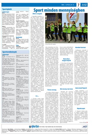 ASZ72018. ÁPRILIS 27.
Jöhet a rangadó
A legutóbbi fordulóban is-
mét hazai pályán szerepelt
az FC Ajka. Igazi rangadóra
lehetett számítani, hiszen az
ellenfél a tavasszal minden
mérkőzését megnyerő III.
Kerület volt. A hazaiak azon-
ban nem hagyták, hogy a né-
zők izguljanak, kis túlzással
edzőmérkőzéssé változtat-
ták a találkozót. Kárpótlásul
viszont szebbnél-szebb ta-
lálatokkal szórakoztatták a
közönséget Kis Károly tanít-
ványai. Szó szerint hamar ve-
zetéshez jutottak az ajkaiak,
hiszen egy szögletet követő-
en Hamar csúsztatott a saját
kapujába. A félidő derekán
Oláh cselezgetett a tizenha-
tos bal oldalánál, a vendég
védők nem vették komolyan
az ajkai támadót, aki betört
a tizenhatoson belülre, majd
nagyszerűen tekert a hos�-
szú sarokba. Ez a találat sem
rázta fel a fővárosiakat, pár
perccel később Horváth négy
hátvédet is becsapott, majd
kifutó kapus mellett higgad-
tan gurított a hálóba. A for-
dulást követően próbáltak
nyomást gyakorolni a vendé-
gek, de ez csak percekig tűnt
hatásosnak, a mérkőzés újra
az első félidő képét mutatta,
magabiztos hazai játékot és
tanácstalan vendég csapatot
láthatott a publikum. Egy
jobboldali beadást Pákai fe-
jelt középre, a jól érkező Ko-
vács pedig közelről bólintott
a hálóba. Nem sokkal ezután
Vallejos elhúzott a védője
mellett, majd a kapus mellett
a rövid sarokba a lőtt. A kiü-
téses győzelmet követően Kis
Károly kiemelte, hogy a gárda
jó fizikai állapotnak örvend,
hiszen nyolc nap alatt há-
rom mérkőzést vívott meg
és a játékosok nem mutatták
a fáradtság jeleit. A vezető-
edző örömmel látta, hogy a
hálás közönség vastapssal
jutalmazta a játékosokat a
találkozó végén. A hazaiak
jól hangoltak a Kaposvár el-
leni rangadóra, ami után sok
minden eldőlhet az ajkaiak
bajnoki álmait illetően.
3-2…
A Kristály szintén dupla
fordulót játszott a megyei lab-
darúgó bajnokságban, ám az
eredmények nem az ajkaiak
reményei szerint alakultak.
Pedig jól indult a találko-
zó Magyarpolányban, ahol
az üveggyáriak a korábban
elmaradt mérkőzésüket pó-
tolták, Szabó Z. megpattanó
lövésével ugyanis korán veze-
tést szereztek a vendégek. A
hazaiak azonban még az első
játékrészben egyenlítettek,
majd a második félidőben
fordítottak. Szabó Z. a hajrá-
ban visszahozta a reménye-
ket, szöglete érintés nélkül
landolt a polányi kapuban.
Már szinte mindenki elköny-
velte a döntetlent, ám a hos�-
szabbítás perceiben a hazaiak
újra betaláltak és megnyerték
a mérkőzést. A Kristály így
rossz előjelekkel vágott neki
a Tihany elleni hazai derbi-
nek, amelyen mindenképpen
győznie kellett, hogy marad-
jon esélye a dobogó elérésé-
re. Az ajkaiak rossz formája
azonban erre a mérkőzésre is
kitartott, már az első játék-
részben kétgólos hátrányba
kerültek. A második félidő-
ben rákapcsoltak Sipos Tamás
tanítványai, Hauser T. 25 mé-
terről lőtt a kapu jobb olda-
lába. Ezt követően azonban
megint a Tihany szerzett gólt,
hiába reklamáltak lest a ha-
zaiak. A hajrához közeledve a
csereként beállt Szarka bün-
tetőt harcolt ki, amit értékesí-
tett is, de a Kristálytól ezen a
napon ennél többe nem futot-
ta, így sorozatban harmad-
szor szenvedett 3-2 arányú
vereséget a bajnokságban. A
gárda így minden bizonnyal
elbúcsúzhat a dobogóról szőtt
álmaitól, sőt visszacsúszott a
hatodik helyre.
Tisztes vereség
A Le Bélier a PLER csapatát
látta vendégül a férfi kézilab-
da NB I/B legutóbbi játéknap-
ján. A harmadik helyezett fő-
városi csapat kezdte jobban a
találkozót, a 10. percben 5-2-
re vezettek a vendégek, majd
ezután az ajkaiak Komendánt
védéseinek is köszönhetően
kiegyenlítették az állást (20.
perc: 8-8). A félidő hátralévő
részében fej-fej mellett ha-
ladtak a csapatok, csupán a
szünetre tudtak minimális
előnyt szerezni a vendégek. A
folytatásban hamar meglép-
tek két góllal a pestiek, majd
16-18 után négy góljukra nem
tudtak válaszolni az ajkaiak
(16-22). Poór Tamás időkéré-
se után kétszer is betaláltak a
hazaiak, de a vendégek 19-24
után négy gólt lőttek zsinór-
ban, amivel eldöntötték a ta-
lálkozó kimenetelét (19-28).
Ezen az estén a jobb játékerőt
képviselő PLER ellen negy-
ven percig tartotta a lépést az
ajkai gárda, majd a második
játékrészben kiütközött a két
csapat közötti fizikai és tu-
dásbeli különbség.
Koncz Áron
magyar bajnok
A Sun-Dome SE karatékái
Budapesten, a WKF Magyar
Bajnokságon vettek részt. Az
első napon Kovács Marcell az
U21-es korosztályban arany-,
a felnőttek között pedig bron-
zérmet szerzett. A következő
napon a fiatalok léptek a küz-
dőtérre. Koncz Áron ismét
magyar bajnoki címet ün-
nepelhetett formagyakorlat-
ban. Tróbert Flóra második,
Ráday Kornél és Koncz Gréta
pedig harmadik lett küzde-
lemben. Kiss Maja nagyszerű
formagyakorlata után tudott
a dobogó harmadik fokára
állni.
Két verseny, hat érem
Hétvégén két versenyen
is részt vettek a Rája ’94
Úszóklub fiataljai. Debrecen-
ben, a Hajós Alfréd kupa má-
sodik fordulójában Nagy Ni-
koletta 200 pillangóban első
helyezést ért el, 200 vegyesen
bronzérmes lett, Palkovics
Adél pedig 200 pillangóban
és 200 vegyesen sem talált le-
győzőre. A csapat másik fele
Székesfehérváron verseny-
zett, a 12+ elnevezésű kor-
osztályos országos verseny-
sorozat második fordulóján.
Itt két érmet sikerült begyűj-
teniük, Szóka Júlia első lett
400 vegyesen, Újvári Dorina
pedig 200 mellen állhatott fel
a dobogó harmadik fokára.
Szabó Dávid is remekelt, egy
évvel idősebbek között ne-
gyedik helyen végzett 400 ve-
gyesen, jelentősen megjavítva
egyéni rekordját.
Döntőbe futottak
Csehbányán rendezték a
tájfutó Diákolimpiát, ahol
hat korosztályban versenyez-
tek a fiúk és lányok. Ajkai
szempontból nézve a lányok
szerepeltek jobban, a legfia-
talabbaknál Országi Zsófia,
a legidősebb korosztályban
Tóth Bettina egyaránt első
lett. Ezüstérmet szerzett Pe-
gán Ágnes és Országi Sára. A
dobogó harmadik fokára áll-
hatott Pegán Petra és Gazsó
Laura. Korosztályonként
az első öt helyezett lehet ott
az országos döntőben, így
Gazsó Bálint negyedik helye
is továbbjutást jelentett. A
fiatalok versenyét követően
került sor az 54. Bakony ku-
pára, ahol az edzők és kísé-
rők is kipróbálhatták a cseh-
bányai terep sajátosságait. Itt
a 60-as korosztályban Ládi
János első, míg a nyílt ka-
tegóriában Pegánné Göntér
Szilvia első, Gazsó Róbert
pedig második lett.
Judo érmek Pápáról
Pápán rendezték a II.
Észak-Dunántúl Regionális
Judo Rangsorversenyt. Az aj-
kai F.T. Diák Judo Club több
érmet is szerzett a tornán,
Németh Bence és Megyeri
Norbert második, Németh
Vivien, Orsós Dóra, Megyeri
Bálint, Megyeri Róbert, Por-
koláb Barnabás és Forintos
Kristóf pedig harmadik he-
lyen végzett.
Bajnokcsapat
A Röpisuli felnőtt-serdü-
lő csapata a megyei bajnok-
ság utolsó fordulóját Veszp-
rémben játszotta. A lányok
valamennyi mérkőzésüket
megnyerték, így a 2017/18-as
bajnokságot az első helyen
zárták.
Csicsics Richárd 
Főszerkesztő: Lékó Sándor. • Szerkesztőségi e-mailcím: ajkaiszo@freemail.hu. • Kiadja: Ajkai Média Nonprofit Kft. •Felelős kiadó: Kerekes Bálint ügyvezető. • Postacím: 8400 Ajka, Szabadság tér 12. Tel./fax:
88/521-100. • Hirdetésfelvétel a kiadó címén. • Hirdetési e-mail cím: ajkaimediakft@gmail.com • A hirdetések tartalmáért a kiadó nem vállal felelősséget. • Nyomtatás: : ISTER Trade Kft. • Megjelenik 12 600
példányszámban. • Terjeszti a Magyar Posta. A lap ingyenes. • Lapzárta a megjelenés hetének hétfőjén 12 órakor. A lapzárta után beérkező cikkeket és hirdetéseket csak következő heti számunkban tudjuk közölni! ISSN:
0238-6267
Városi hetilap. A lapot alapította Ajka város önkormányzata.
Sportajánló
Sporteredmények
Labdarúgás
NB III.
Az FC Ajka Kaposváron szerepel
április 28-án, szombaton 17 óra-
kor. A klub szurkolói buszt indít a
rangadóra, amelyre jelentkezni
a Sportcentrum emeleti irodájá-
ban lehet 1500 forintért. A kö-
vetkező fordulóban hazai pályán
játszik a csapat, május 5-én,
szombaton 17 órakor a Csepel
ellen. Az U15-ös csapat május
3-án, csütörtökön 17 órakor fo-
gadja az Üstökös Győr fiataljait.
Megye I.
A Kristály Gyulafirátóton lép
pályára vasárnap 17 órakor. Az
ifjúságiak 15 órakor kezdenek. A
következő szombaton a Kristály
szomszédvári rangadón fogadja
a Devecsert szintén 17 órakor,
az ifjúságiak itt is két órával ko-
rábban kezdenek.
Városi kispályás bajnokság
I. osztály
május 7. (hétfő): AEP – XBo-
dy (17.00), Unimontex – Viva
Tours Ajkarendek (18.00), ASE
Tandem – Bakony-Szuperinfó
(19.00), Gépállat SC – Bercsé-
nyi-Retro Caffé (20.00)
II. osztály
május 3. (csütörtök): Bolero A.E.
Kft. – Atomnyerőmű (17.00),
Euronics-Pulzus – Joker (18.00),
PoppePotthoff – AVÉP SC
(19.00), Hőerőmű – Mythos
(20.00)
május 10. (csütörtök): AVÉP
SC – Joker (17.00), Mythos –
Bolero-A.E.Kft. (18.00), Euro-
nics-Pulzus – Hőerőmű (19.00),
Atomnyerőmű – PoppePotthoff
(20.00)
Öregfiúk bajnokság
május 2. (szerda): Ajkarendek
– Ajkai Bányász (17.00), Euro-
nics-Pulzus – Lakner Üzletház
(18.00), Tarantula FC – Bercsé-
nyi (19.00), Retro FC – Bakony
Erőmű (18.00), Delta-Kontex –
S.O.S. (19.00)
május 9. (szerda): Bercsényi –
Ajkarendek (17.00), Tarantula
FC – Ajkai Bányász (18.00),
S.O.S. – Bakony Erőmű (19.00),
Delta-Kontex – Euronics-Pulzus
(18.00), Retro FC – Euronics-Pul-
zus (19.00)
Kézilabda
NB I/B
A Le Bélier Pécsett lép pályá-
ra szombaton 18 órakor, majd
egy héttel később hazai pályán
fogadja a Szigetszentmiklóst,
szombaton 15 órakor.
Teke
Szuperliga
A Kristály szombaton 14 órakor
fogadja a BKV Előre csapatát.
Labdarúgás
NB III.
FC Ajka – III. Kerületi TVE 5-0
(3-0)
Ajka: Balogh, Oláh, Vallejos, Hor-
váth, Köles, Csemer (Pavlitzky
22.), Illés (Major 57.), Kovács, Csiz-
madia, Pákai (Nagy 78.), Graszl,
vezetőedző: Kis Károly
gól: öngól (6.), Oláh (22.), Horváth
(25.), Kovács (62.), Vallejos (66.)
FC Ajka – Puskás Akadémia II. 4-1
(2-1)
Ajka: Balogh, Oláh, Horváth, Kö-
les, Csemer, Nagy (Kalász 88.), Illés
(Pavlitzky 83.), Csizmadia, Major
(Vallejos 68.), Pákai, Graszl, veze-
tőedző: Kis Károly
gól: Graszl (44.), Oláh (45., 74.), Il-
lés (82.)
U 19
Balatonfüredi USC – FC Ajka 8-5
edző: Udvardi Ervin, gól: Szabó
2, Szabados 2, Markó, jók: Dróth,
Kotsy
U 17
Balatonfüredi USC – FC Ajka 4-1
edző: Svecz Edvárd, gól: Dallos,
Pápai, Cservenák
U 15
Haladás VSE – FC Ajka 2-2
edző: Szabó Zoltán, gól: Simon,
öngól, jók: Ódor, Simon, Láposi
U 14
Haladás VSE – FC Ajka 2-4
edző: Juhász Ervin, gól: Sesztakov,
Juhász, Kovács, Pápai, jók: Kovács,
Juhász, Szabó
Megye I.
Ajka Kristály SE – Tihanyi FC 2-3
(0-2)
Ajka: Lengyel, Primusz (Ménes
46.), Hauser R., Bakos, Kungl,
Horváth (Szabó B. 60.), Ambrus
(65.), Jeney, Szabó Z. (Szarka 46.),
Hauser T. (Sipos 76.), Vizkelety,
edző: Sipos Tamás
gól: Hauser T. (49.), Szarka (78.)
Magyarpolány KSE – Ajka Kris-
tály SE 3-2 (1-1)
Ajka: Lengyel, Móger, Hauser R.,
Primusz (Sipos 81.), Szabó B. (Ba-
kos 75.), Mészáros (Ambrus 24.),
Szabó Z., Horváth, Ménes, Hauser
T. (Kis-Varga 75.), Vizkelety, edző:
Sipos Tamás
gól: Szabó Z. (14., 85.)
U 19
Ajka Kristály SE – Tihanyi FC 9-1
edző: Kiszlinger Balázs, gól: Vajda
4, Bencsik 3, Varga, Kis-Varga
Magyarpolány KSE – Ajka Kris-
tály SE 5-1
edző: Kiszlinger Balázs, gól: Varga
U 16
Pápai ELC – Ajka Kristály SE 19-0
edző: Molnár Roland
U 14
SK Ajka-Padragkút SE – Ugod SE
1-1
edző: Karika Rudolf, gól: Antal, ki-
állítva: Egyed
Megyei bajnokság, nők
NLC-Ajka – Devecser SE 1-0
Ajka: Hidi, Hannig, Belovics, Si-
mon, Gyenese, Fekete, Szájli, Sza-
bó, Kovács, Grünvald, Gubicza,
Korcsmáros, edző: Gyenese Csaba
Kézilabda
Le Bélier-KK Ajka – PLER-Buda-
pest 23-31 (12-13)
Ajka: Komendánt, Zeitler V. 1,
Sinka 5, Erőss 1, Bárdos, Bajnóczi
5, Bonyhádi 2, csere: Blázsovics,
Horváth, Zeitler D. 2, Fülöp, Husz-
ti 1, Vadkerti 3, Gyimesi 2, Ignácz
1, edző: Poór Tamás
kiállítások: 10 ill. 8 perc
hetesek: 2/0 ill. 7/4
jók: Komendánt, Bajnóczi, Sinka
ifjúságiak
Le Bélier-KK Ajka – Százhalom-
batta 26-35 (11-17)
edző: Poór Tamás, gól: Szimicsek
11, Ring 4, Cserna 4, Szűcs 3, Csip-
szer 2, Kiss 2
serdülők
Le Bélier-KK Ajka – Százhalom-
batta 30-26 (12-13)
edző: Huszti Ambrus, gól: Szűcs
13, Oláh 7, Németh 5, Fábián 2,
Soós 2, Pointner
Teke
Szuperliga
Ajka Kristály SE – Ferencvárosi
TC 2-6 (3255-3356)
Kristály: Tóth M. 555, dr. Tóth Z.
560, Városi 513, Nagy 585, Fodor
506, Tóth L. 537, pontszerzők: Tóth
M., Nagy
ifjúságiak
Ajka Kristály SE – Ferencvárosi
TC 4-0 (1014-887)
Nagy 515, Lendvai 499
Asztalitenisz
NB III.
Bányász SK Ajka – Várpalotai BSK
8-10
Ajka: győzelem: Ficzay 2, Kurali 2,
Zentai 2, Pad F. 2
Sport minden mennyiségben
A Sun-Dome SE csapata
 