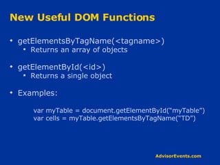 New Useful DOM Functions getElementsByTagName(<tagname>) Returns an array of objects getElementById(<id>) Returns a single object Examples: var myTable = document.getElementById(“myTable”) var cells = myTable.getElementsByTagName(“TD”) 