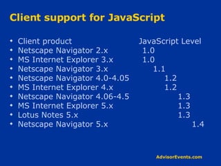 Client support for JavaScript Client product   JavaScript Level Netscape Navigator 2.x 1.0 MS Internet Explorer 3.x 1.0 Netscape Navigator 3.x   1.1 Netscape Navigator 4.0-4.05 1.2 MS Internet Explorer 4.x 1.2 Netscape Navigator 4.06-4.5   1.3 MS Internet Explorer 5.x   1.3 Lotus Notes 5.x   1.3 Netscape Navigator 5.x   1.4 