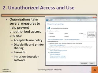 2. Unauthorized Access and Use
• Organizations take
several measures to
help prevent
unauthorized access
and use
–
–
Acceptable use policy
Disable file and printer
sharing
Firewalls–
– Intrusion
software
detection
Page 565
Figure 11-10
Discovering Computers : Chapter 11 2936
 