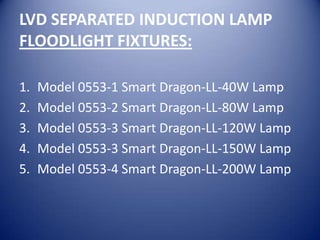 LVD SEPARATED INDUCTION LAMP
FLOODLIGHT FIXTURES:

1.   Model 0553-1 Smart Dragon-LL-40W Lamp
2.   Model 0553-2 Smart Dragon-LL-80W Lamp
3.   Model 0553-3 Smart Dragon-LL-120W Lamp
4.   Model 0553-3 Smart Dragon-LL-150W Lamp
5.   Model 0553-4 Smart Dragon-LL-200W Lamp
 