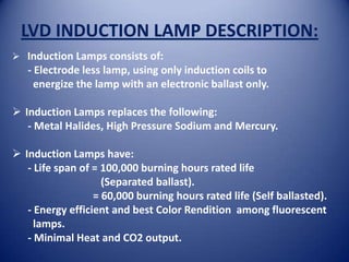 LVD INDUCTION LAMP DESCRIPTION:
 Induction Lamps consists of:
   - Electrode less lamp, using only induction coils to
     energize the lamp with an electronic ballast only.

 Induction Lamps replaces the following:
   - Metal Halides, High Pressure Sodium and Mercury.

 Induction Lamps have:
   - Life span of = 100,000 burning hours rated life
                    (Separated ballast).
                  = 60,000 burning hours rated life (Self ballasted).
   - Energy efficient and best Color Rendition among fluorescent
     lamps.
   - Minimal Heat and CO2 output.
 