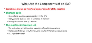 What Are the Components of an ISA?
• Sometimes known as The Programmer’s Model of the machine
• Storage cells
– General and special purpose registers in the CPU
– Many general purpose cells of same size in memory
– Storage associated with I/O devices
• The machine instruction set
– The instruction set is the entire repertoire of machine operations
– Makes use of storage cells, formats, and results of the fetch/execute cycle
– i.e., register transfers
 