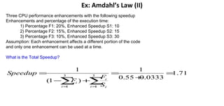 Ex: Amdahl’s Law (II)
Three CPU performance enhancements with the following speedup
Enhancements and percentage of the execution time:
1) Percentage F1: 20%, Enhanced Speedup S1: 10
2) Percentage F2: 15%, Enhanced Speedup S2: 15
3) Percentage F3: 10%, Enhanced Speedup S3: 30
Assumption: Each enhancement affects a different portion of the code
and only one enhancement can be used at a time.
What is the Total Speedup?
71.1
0333.055.0
1
)1(
1
3
1
3
1
=
+
=
+−
=
∑∑ == i i
i
i
i
S
F
F
Speedup
 
