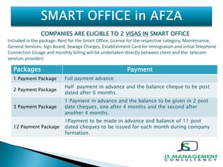COMPANIES ARE ELIGIBLE TO 2 VISAS IN SMART OFFICE
Included in the package: Rent for the Smart Office, License for the resp...