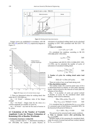 120 American Journal of Mechanical Engineering
Figure 14. Welding detail slope determination
Fatigue curves are established in accordance with SR
EN 1993 [10] and ENV 1993 [11], respectively diagram in
Figure 15:
Figure 15. Fatigue curves for normal stresses ranges
2. There are determined values for welding detail, that
under the EV 1993/2006 are:
∆σc = 63 N/mm2
- reference value of the fatigue
strength
∆σd = 46 N/mm2
- fatigue limit for the stress at a
constant amplitude of a number of cycles ND.
∆σL = 26 N/mm2
- tier limit for the areas of tension in
NL cycles.
4.3 Calculation of the Number of Variable
Amplitude Cycles for Primary Estimation of
Remaining Life at Baseline Workloads
1. Estimation of primary residual life
Using a constant slope m = 3, determined according to
EN 1993/2006, the number of cycles Ni(Δσi) of
solicitation of considered welding detail can be calculated
according to ENV 1993 correlated with SR CEN / TS
13001.
2. Values of variables
γ Ff = 1,0; γ Mf = 1,35 (27)
It’s considered the condition, according to SR EN
1993/2006 (ENV 1993/1992):
D
Ff i
Mf
σ
γ σ
γ
∆
∆ ≥ (28)
In accordance with SR EN 1993-1-9-2006 (ENV 1993-
1-1:1992), can be calculated the number of cycles of
solicitation of considered welding detail:
( )
3
/
D Mf
i i
Mf D
N
σ γ
σ
γ σ
 
∆
∆ =
 
⋅∆
 
 
(29)
3. Number of cycles for welding detail under load
forces
Ni(Δ σi) = 4.794 x105 cycles (30)
These are cycles of use, at real loads during work.
4. Dd20 degradation number
This number (index 20 is used for portal crane of 20 t)
is determined based on lifetime of work under operating
history, which occurred in the intervals of work under the
influence of Δσi efforts:
Dd20 = Σ (n_number of cycles per period worked/
N_Number of cycles for the considered detail under
loading), which must be subunitary
Dd20 =Σ(n_cycles / N20.to)<1 (31)
Dd20 =nmax.ISCIR / Ni(Δσi) = 0.441 (32)
It is considered that by performing the nmax.ISCIR cycles
it’s consumed a part of total lifetime, considered 100%. So
the theoretical left period of lifetime is:
CD = 100% - Dd20 = 0.559 (33)
This period can be consumed under certain conditions.
5. Time to consume reserve after performing the
nmax_ISCIR cycles
Residual length of life remaining for considered detail,
under the action of normal load and time worked, denoted
by TRLF_ISCIR [years] is:
 