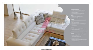 Living Room / Dining Room
• Vitrified flooring in the living room, dining room
and kitchen
• Natural stone in passageways and waiting area
• Provision for Split AC
• 35mm thick flush door with both side veneer /
moulded skin door for main entrance
Kitchen
• Modular kitchen with chimney and hob
• Aquaguard / RO point
• Provision for piped gas supply
Verandah
• Natural stone flooring with hard and soft landscape
Bedroom
• 600 x 600mm vitrified tiles
• 35mm thickness flush doors with one side laminate
and paint on the other side
• 32mm thickness flush door painted on both sides
for the bathroom
Bathroom
• Designer tiles on floor and walls (up to lintel level)
• Granite / composite marble for the basin
• Jaquar or equivalent fittings
Windows
• Anodized aluminium sliding windows with stone jamb
Plumbing
• C.P.V.C / G.I.water supply pipes and UPVC pipes for
soil, waste and drainage systems
• Central water softening plan
• Percolation wells as per the norms
Electricals
• Branded modular switches
• 3-phase concealed copper wiring with adequate number
of points in all the rooms
• TV/Cable points in each room
Intenal
amenities
www.Zricks.com
 