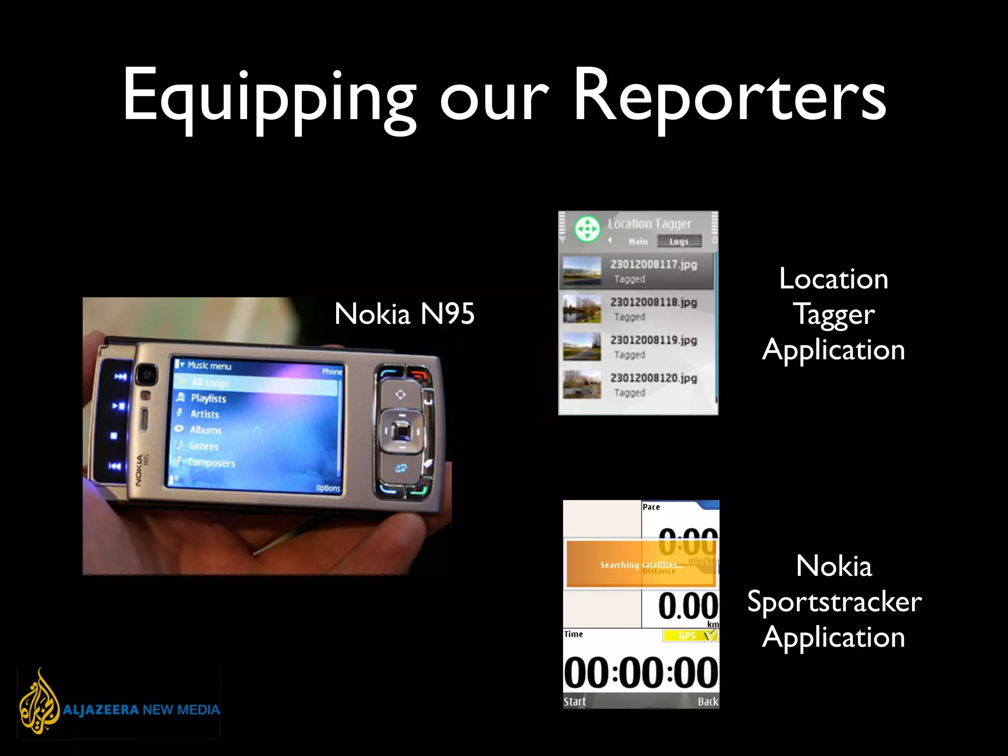 Equipping our Reporters
Nokia N95
Location
Tagger
Application
Nokia
Sportstracker
Application
 