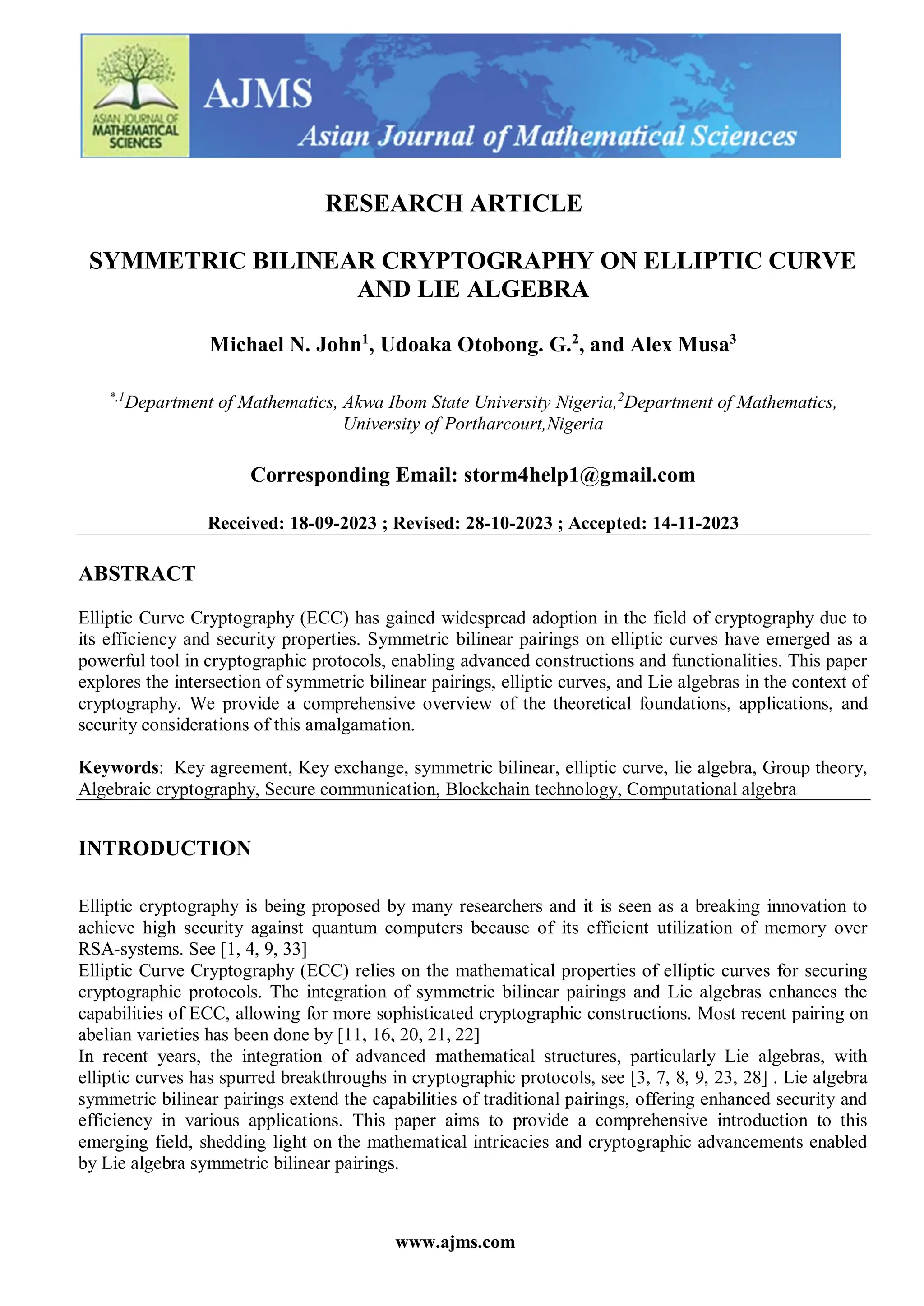 SYMMETRIC BILINEAR CRYPTOGRAPHY ON ELLIPTIC CURVE AND LIE ALGEBRA | PDF