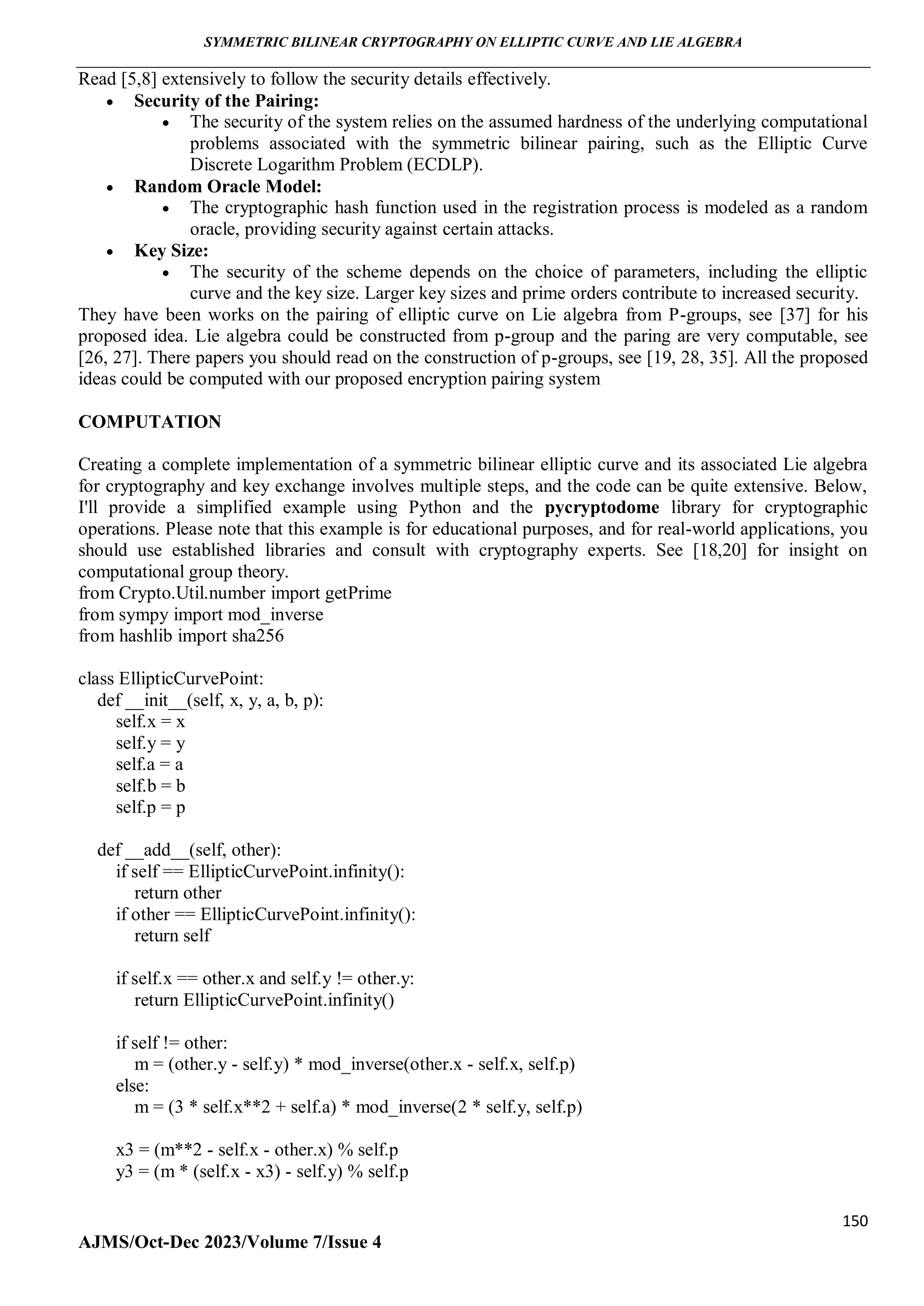 SYMMETRIC BILINEAR CRYPTOGRAPHY ON ELLIPTIC CURVE AND LIE ALGEBRA | PDF