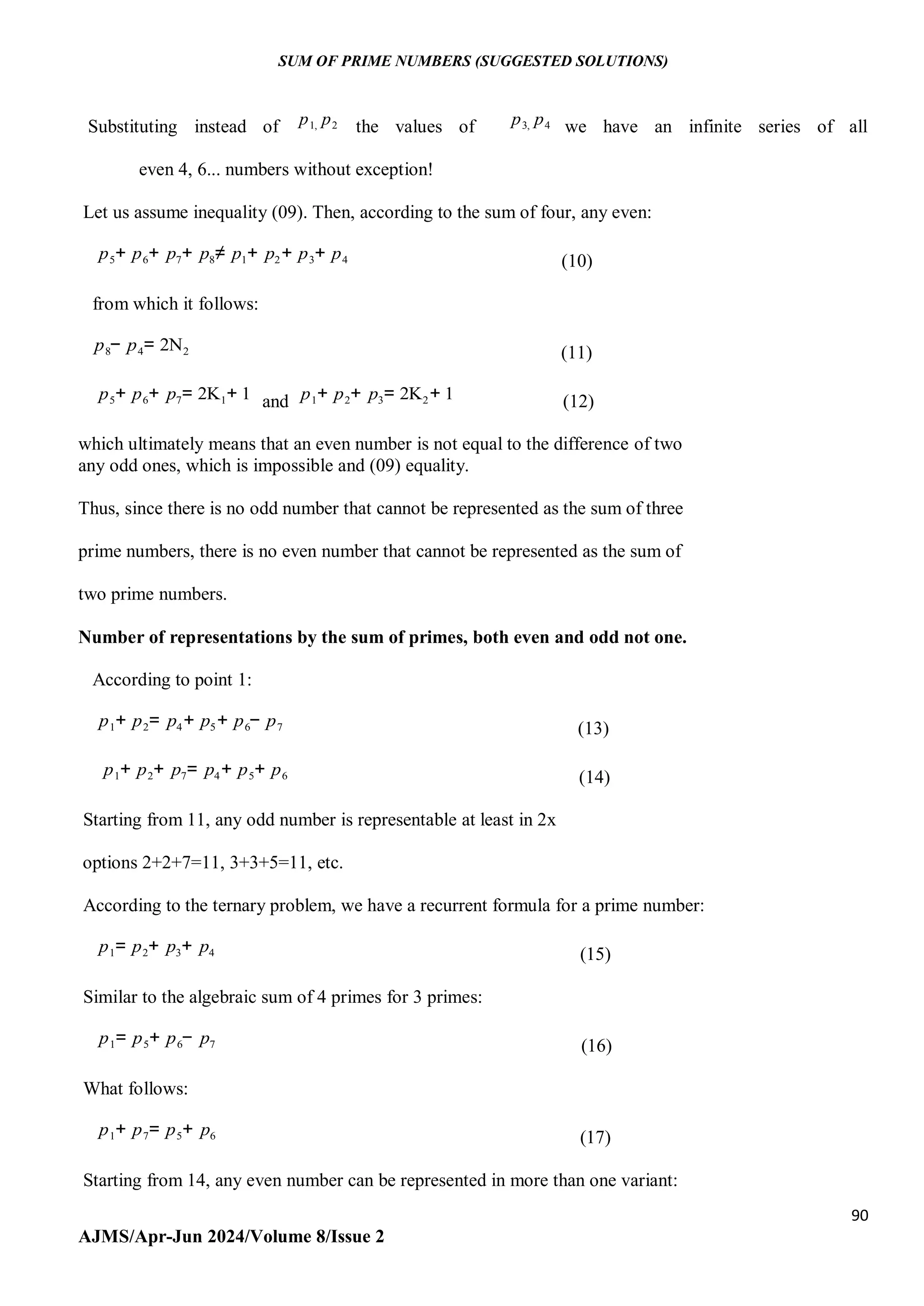 SUM OF PRIME NUMBERS (SUGGESTED SOLUTIONS)
90
AJMS/Apr-Jun 2024/Volume 8/Issue 2
Substituting instead of p1, p2 the values of p3, p4 we have an infinite series of all
even 4, 6... numbers without exception!
Let us assume inequality (09). Then, according to the sum of four, any even:
p5+ p6+ p7+ p8≠ p1+ p2+ p3+ p4 (10)
from which it follows:
p8− p4= 2N2 (11)
p5+ p6+ p7= 2K1+ 1 and p1+ p2+ p3= 2K2+ 1 (12)
which ultimately means that an even number is not equal to the difference of two
any odd ones, which is impossible and (09) equality.
Thus, since there is no odd number that cannot be represented as the sum of three
prime numbers, there is no even number that cannot be represented as the sum of
two prime numbers.
Number of representations by the sum of primes, both even and odd not one.
According to point 1:
p1+ p2= p4+ p5+ p6− p7 (13)
p1+ p2+ p7= p4+ p5+ p6 (14)
Starting from 11, any odd number is representable at least in 2x
options 2+2+7=11, 3+3+5=11, etc.
According to the ternary problem, we have a recurrent formula for a prime number:
p1= p2+ p3+ p4 (15)
Similar to the algebraic sum of 4 primes for 3 primes:
p1= p5+ p6− p7 (16)
What follows:
p1+ p7= p5+ p6 (17)
Starting from 14, any even number can be represented in more than one variant:
 