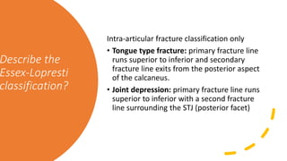 Describe the
Essex-Lopresti
classification?
Intra-articular fracture classification only
• Tongue type fracture: primary fracture line
runs superior to inferior and secondary
fracture line exits from the posterior aspect
of the calcaneus.
• Joint depression: primary fracture line runs
superior to inferior with a second fracture
line surrounding the STJ (posterior facet)
 