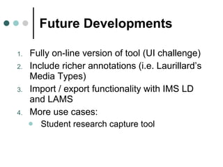 Future Developments <ul><li>Fully on-line version of tool (UI challenge) </li></ul><ul><li>Include richer annotations (i.e...