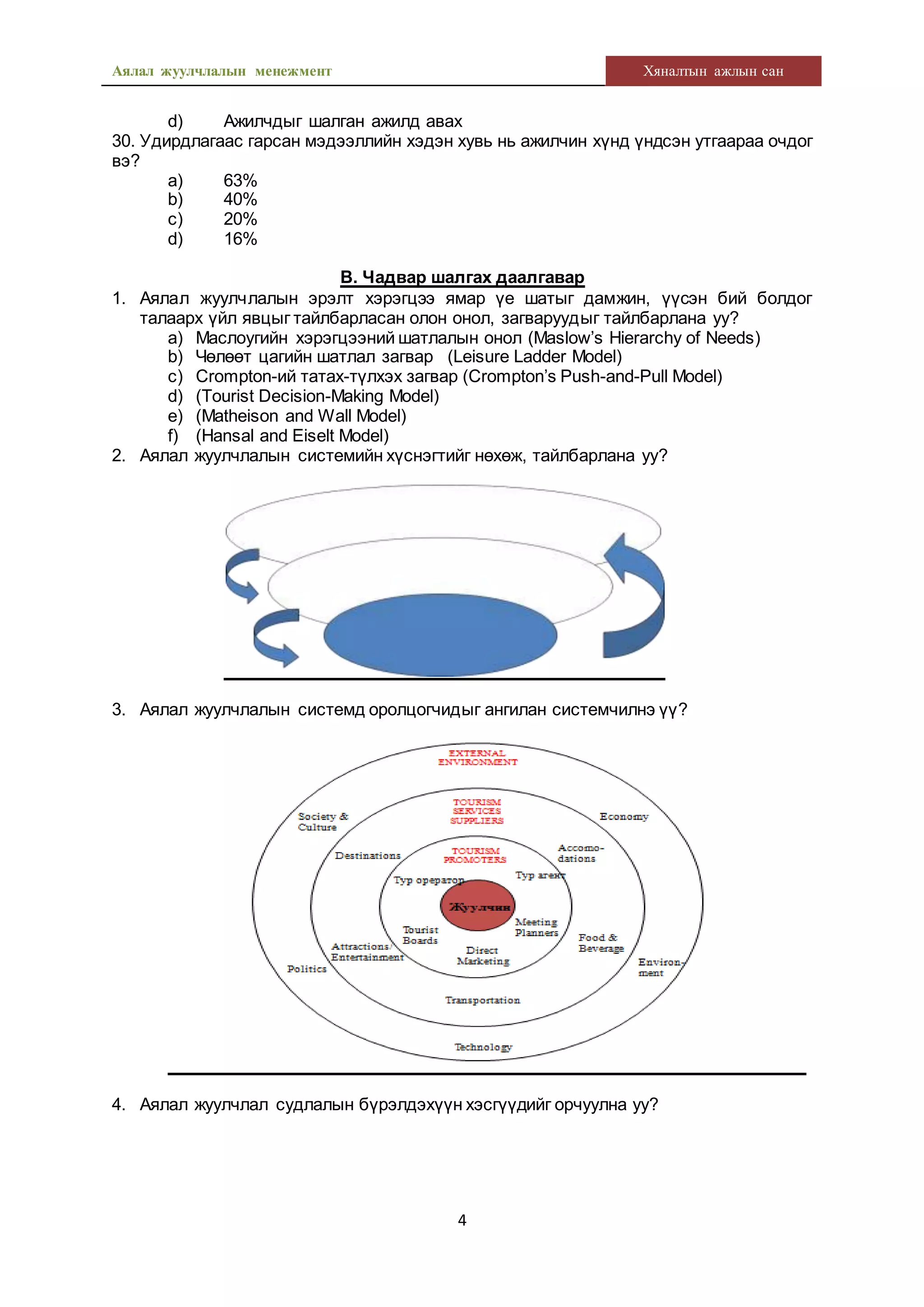 Аялал жуулчлалын менежмент Хяналтын ажлын сан
4
d) Ажилчдыг шалган ажилд авах
30. Удирдлагаас гарсан мэдээллийн хэдэн хувь нь ажилчин хүнд үндсэн утгаараа очдог
вэ?
a) 63%
b) 40%
c) 20%
d) 16%
В. Чадвар шалгах даалгавар
1. Аялал жуулчлалын эрэлт хэрэгцээ ямар үе шатыг дамжин, үүсэн бий болдог
талаарх үйл явцыг тайлбарласан олон онол, загваруудыг тайлбарлана уу?
a) Маслоугийн хэрэгцээний шатлалын онол (Maslow’s Hierarchy of Needs)
b) Чөлөөт цагийн шатлал загвар (Leisure Ladder Model)
c) Crompton-ий татах-түлхэх загвар (Crompton’s Push-and-Pull Model)
d) (Tourist Decision-Making Model)
e) (Matheison and Wall Model)
f) (Hansal and Eiselt Model)
2. Аялал жуулчлалын системийн хүснэгтийг нөхөж, тайлбарлана уу?
3. Аялал жуулчлалын системд оролцогчидыг ангилан системчилнэ үү?
4. Аялал жуулчлал судлалын бүрэлдэхүүн хэсгүүдийг орчуулна уу?
 