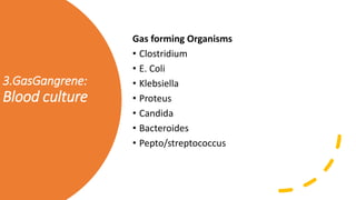 3.GasGangrene:
Blood culture
Gas forming Organisms
• Clostridium
• E. Coli
• Klebsiella
• Proteus
• Candida
• Bacteroides
• Pepto/streptococcus
 